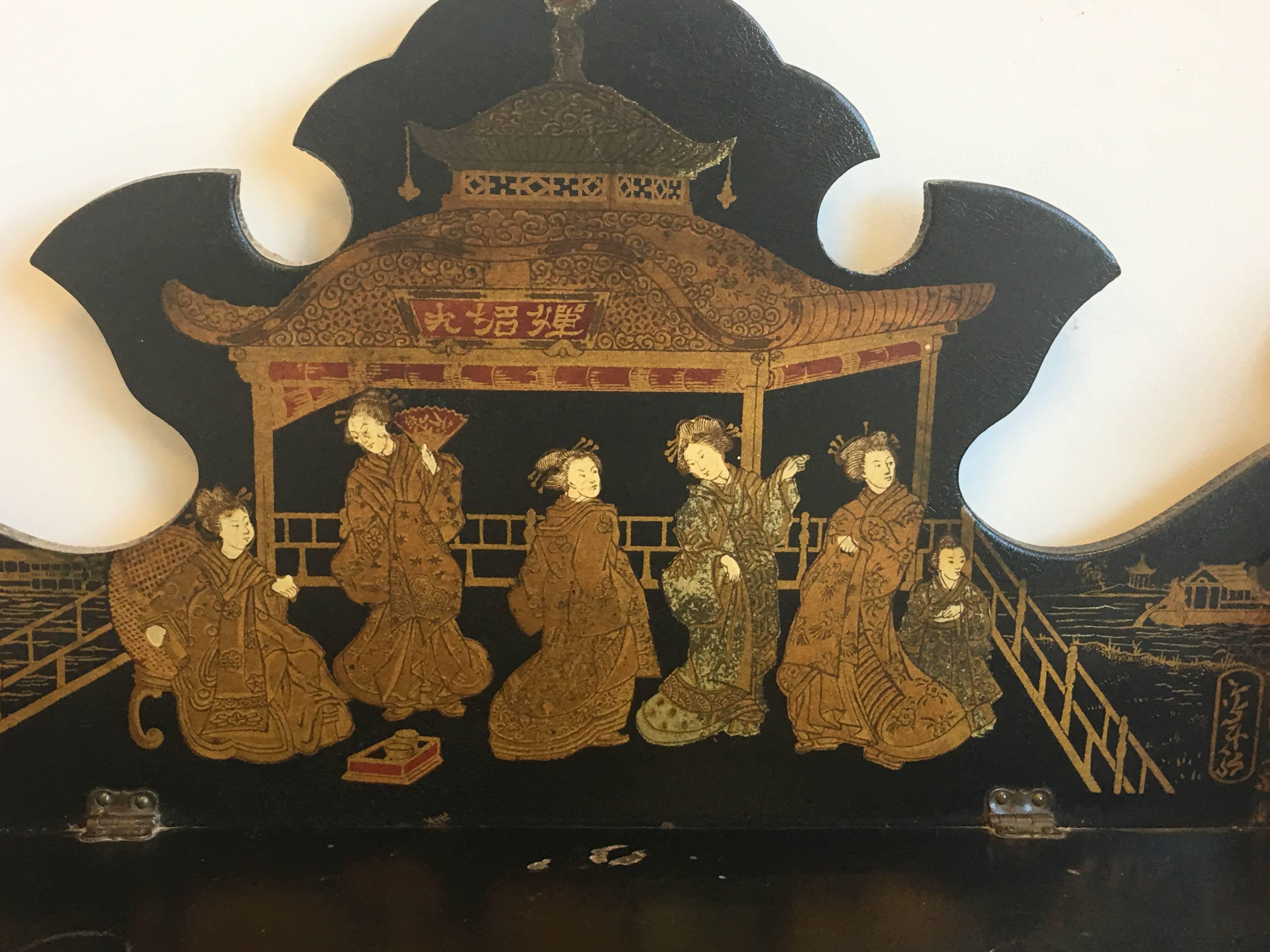 Chinese Export 19th Century Asian Lacquered and Gilt Wall Shelf with an Ornate Pagoda Motif