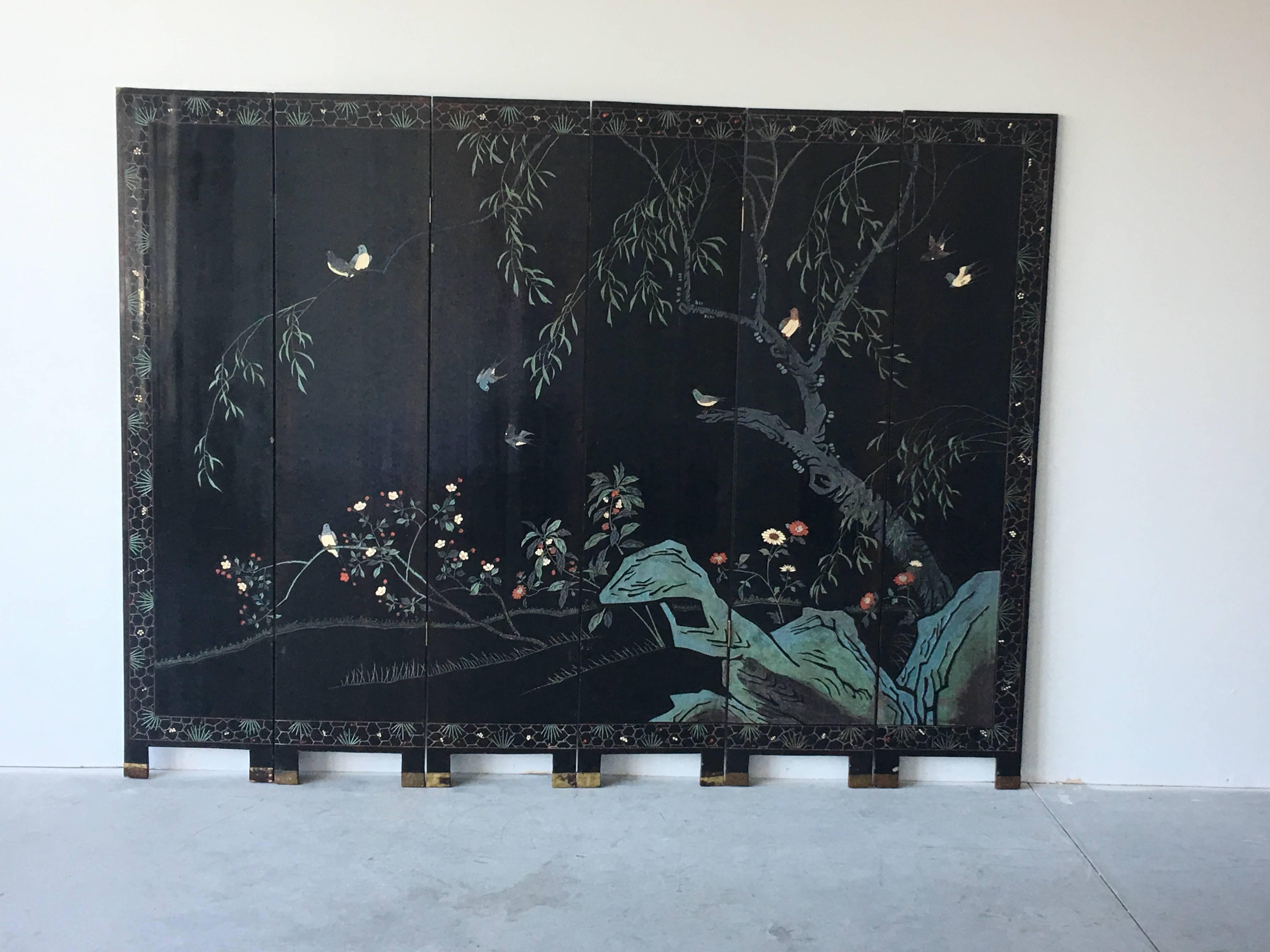 20th Century 1950s Black and Gold Cherry Blossom Six-Panel Room Divider Screen