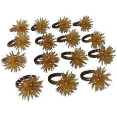 1980s Modern Yellow and Gold Beaded Starburst Napkin Rings, Set of 16