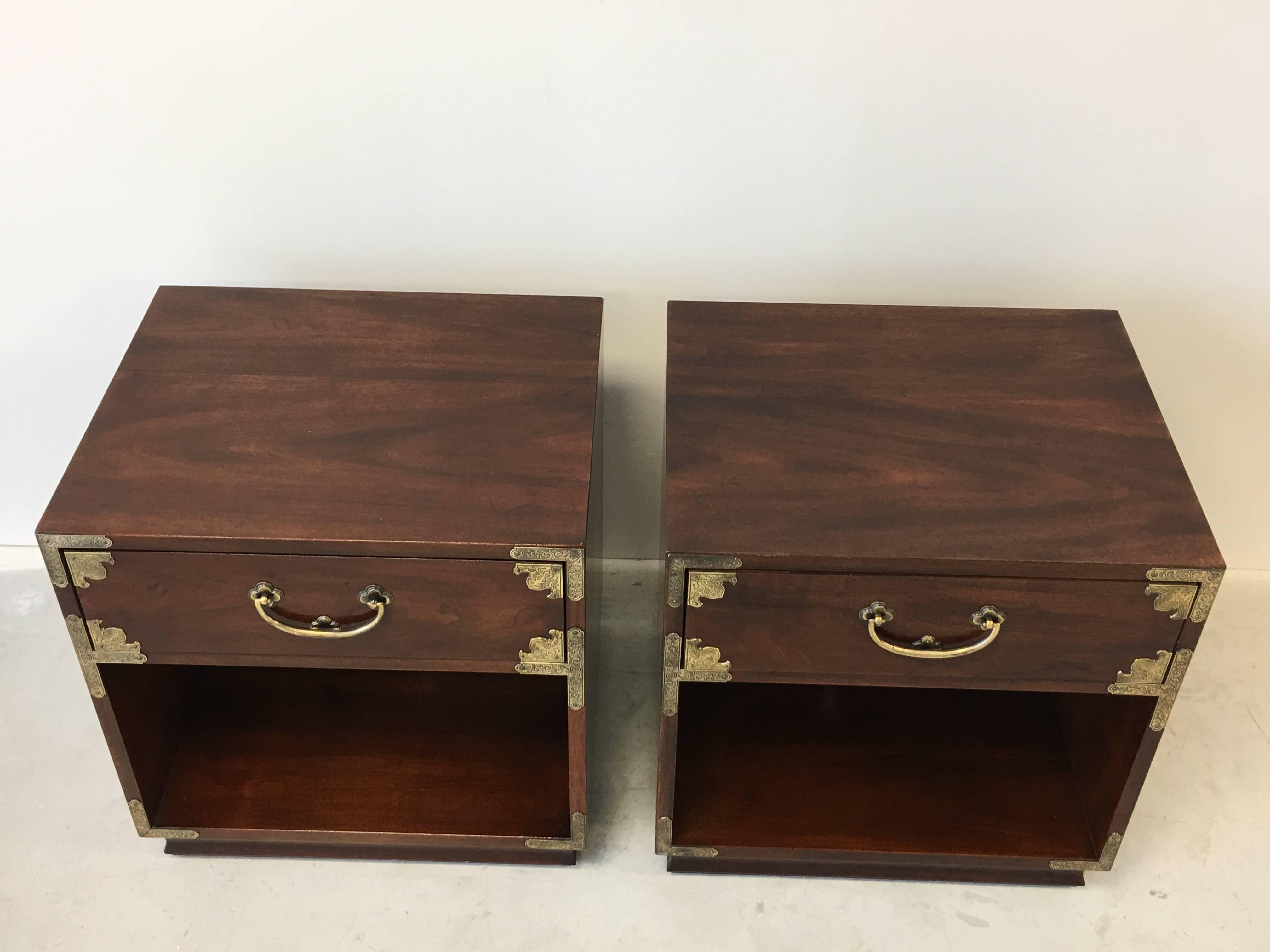 American 1970s Henredon Asian Campaign Chest Nightstands, Pair