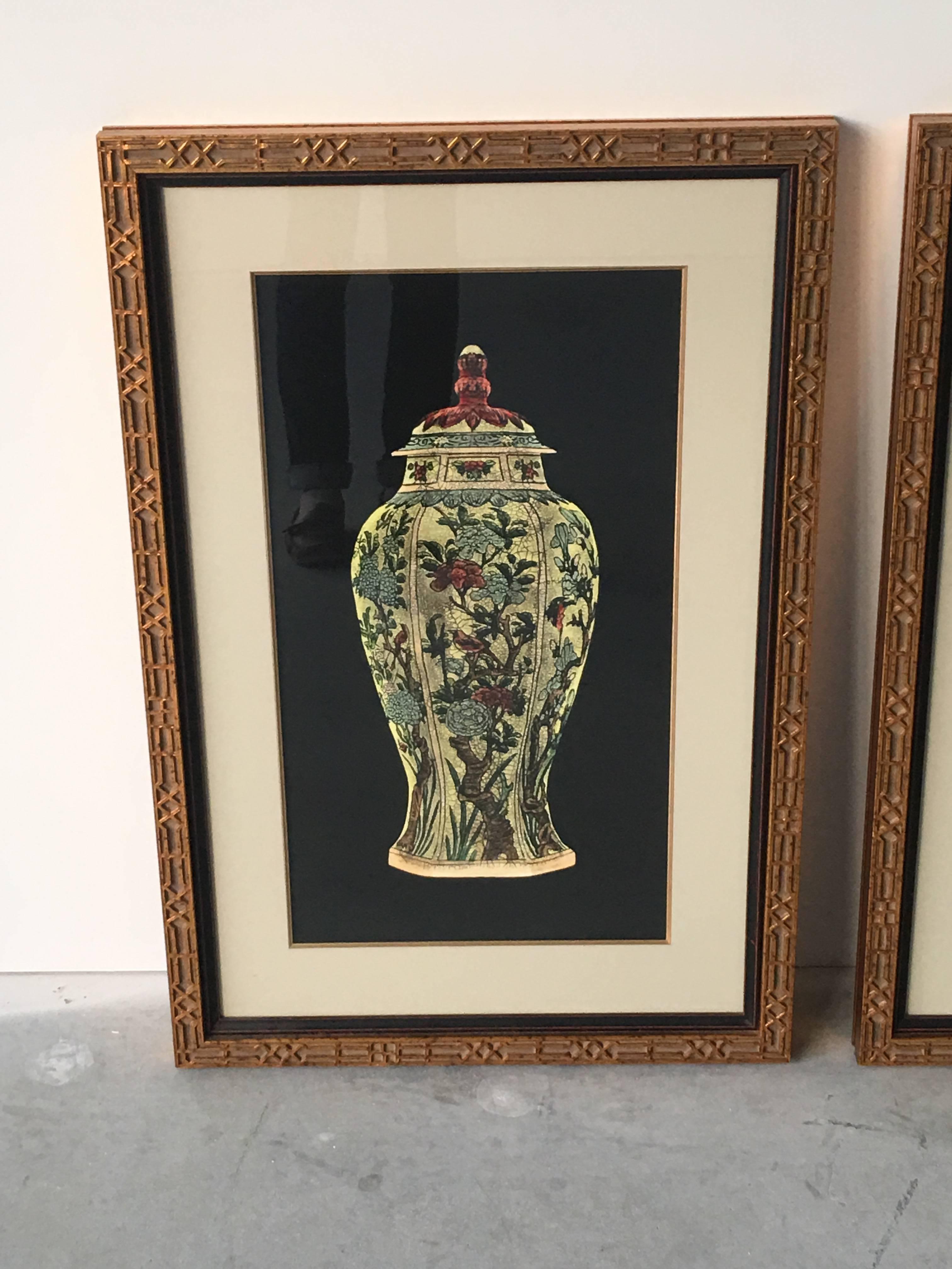 A fabulous, pair of ginger jar acrylic/oil paintings in gilt fretwork frames.