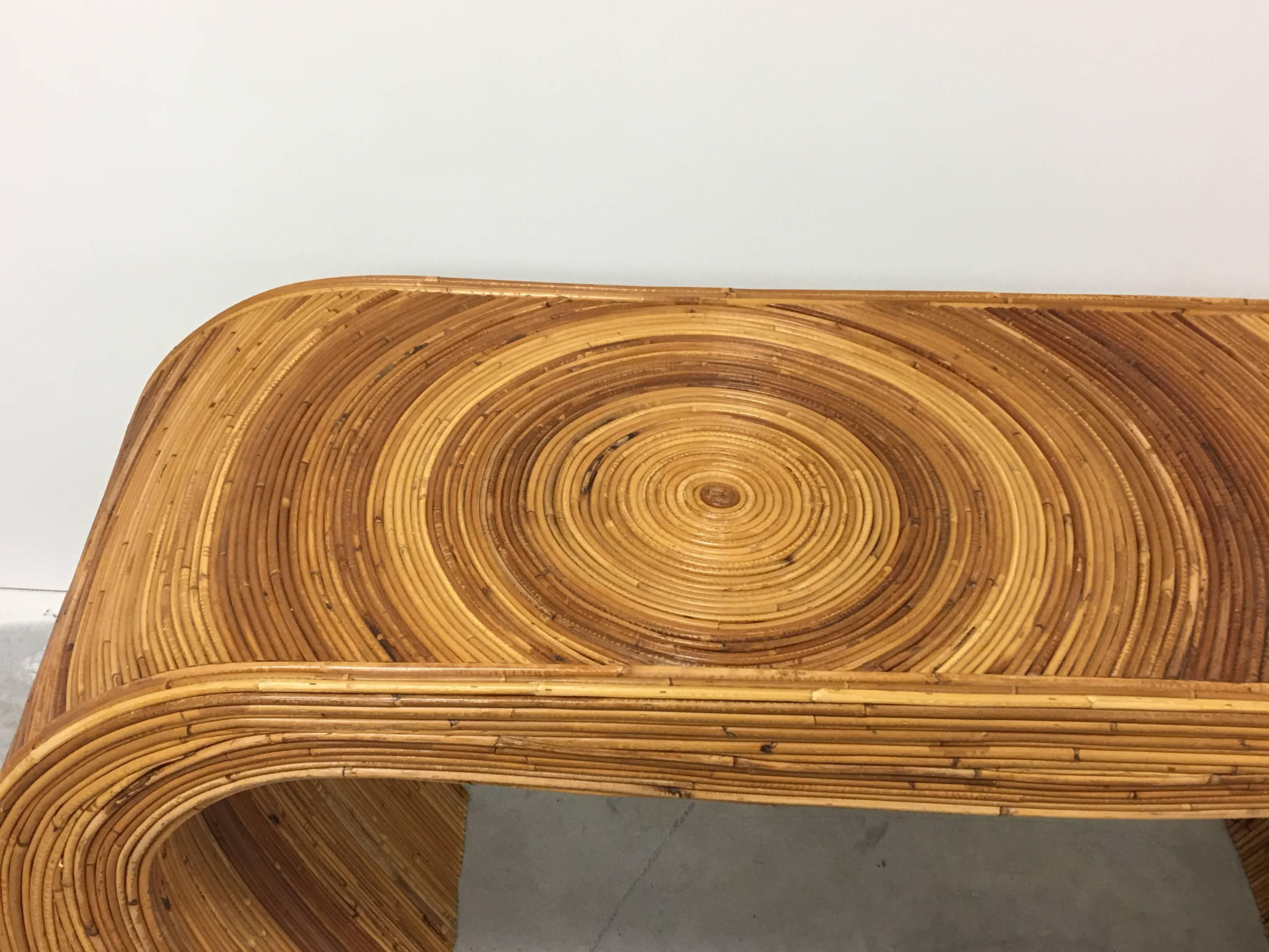 1970's Gabriella Crespi Style Curved Rattan Console Table In Excellent Condition In Richmond, VA