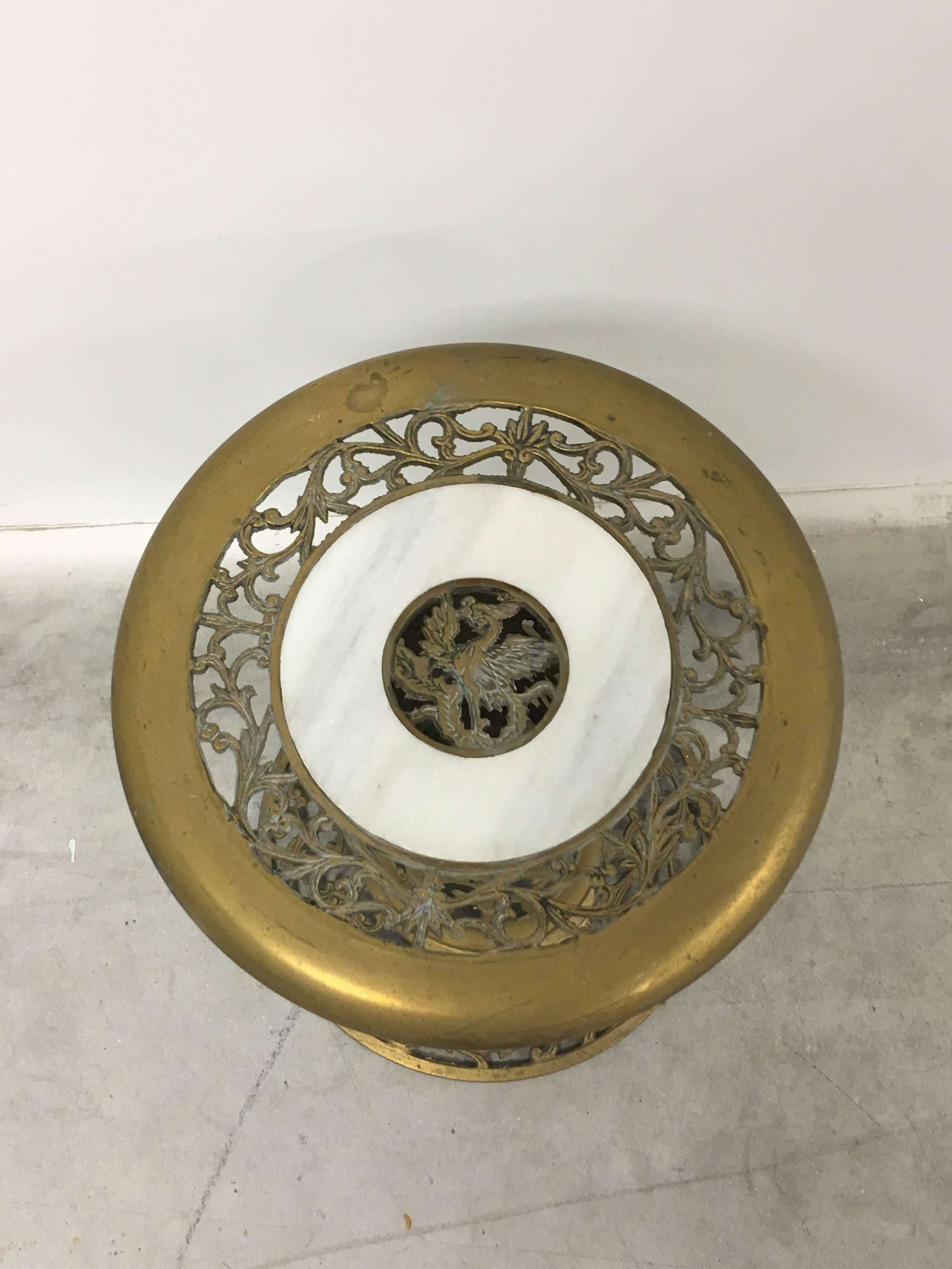 Polished 1960s Hollywood Regency Pierced Brass Side Table with Marble Inlay