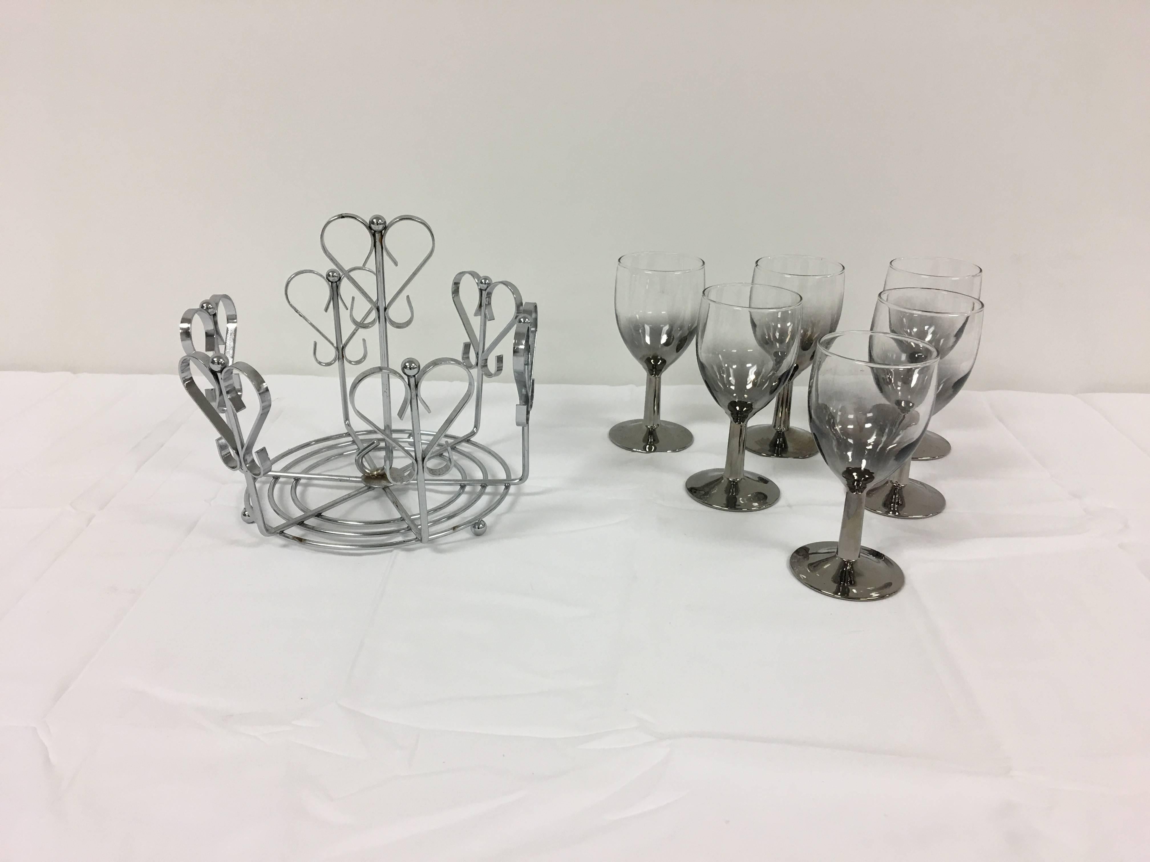 Mid-Century Modern 1960's Dorothy Thorpe Platinum Cocktail Glasses with Chrome Stand