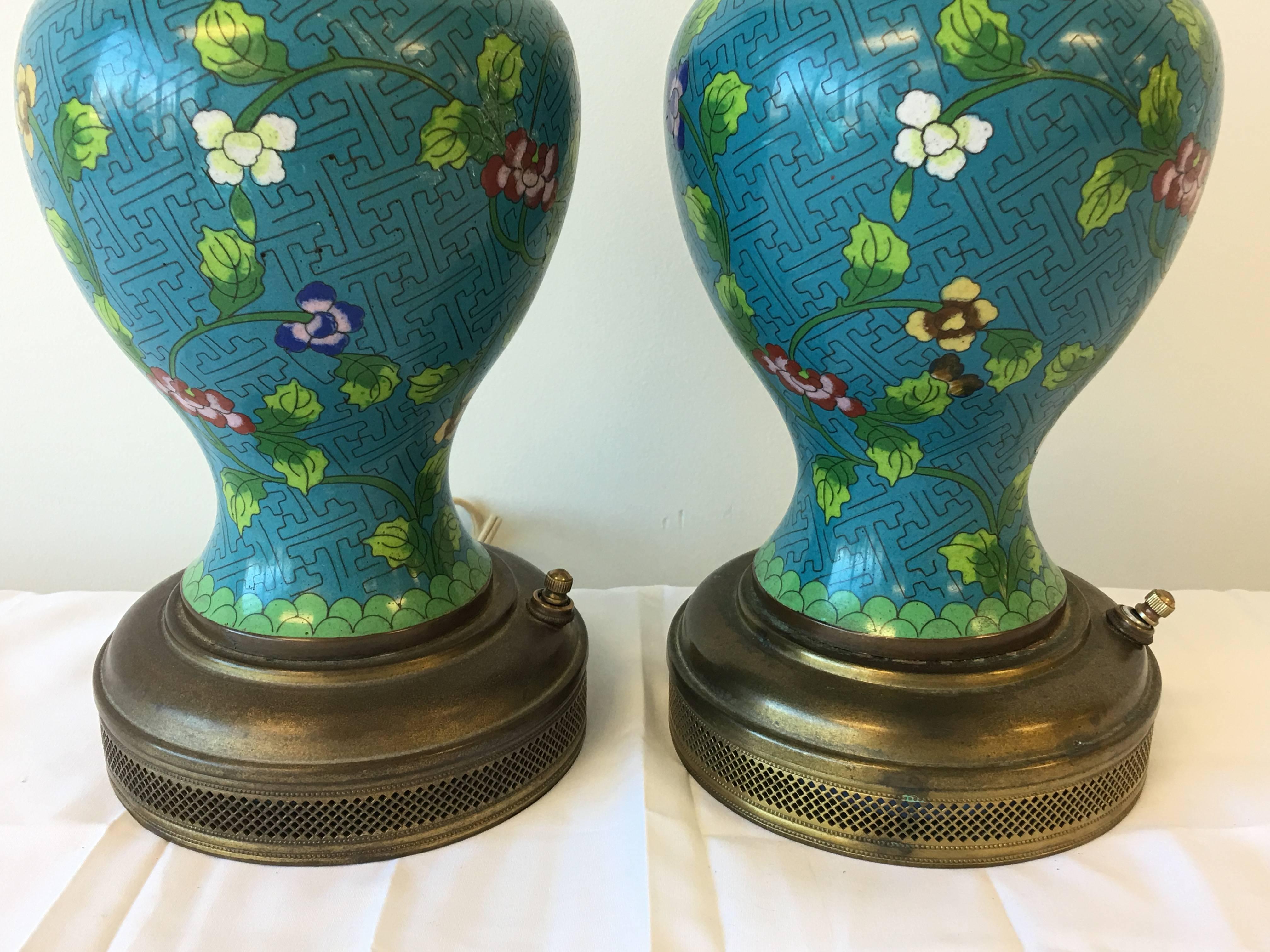 Chinoiserie Pair of 19th Century Cloisonné with Floral Motif Lamps