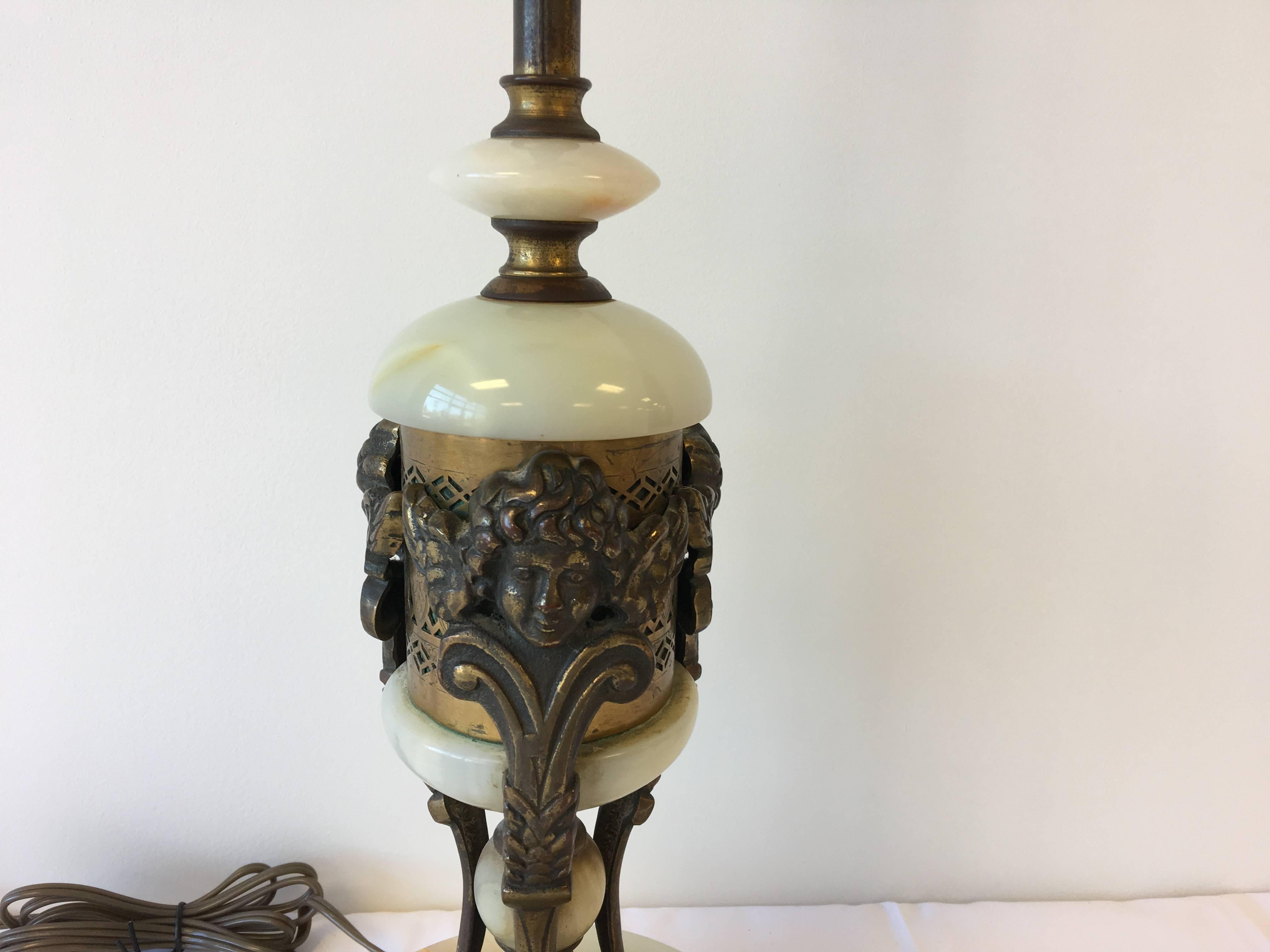 20th Century 1920s Art Deco Bronze and White Onyx Cherub Motif Lamp