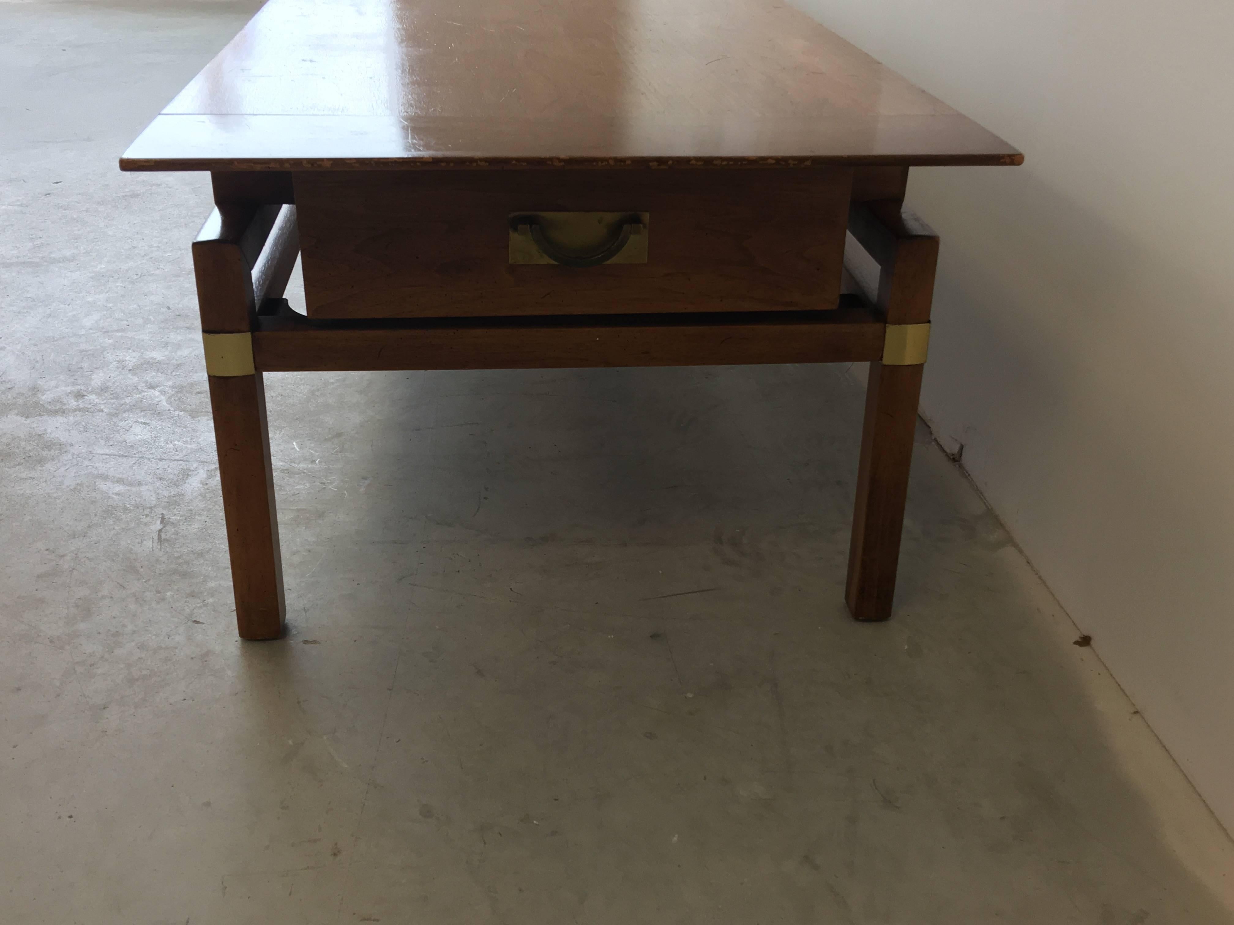 Brass 1980s Hickory Hollywood Regency Walnut Coffee Table