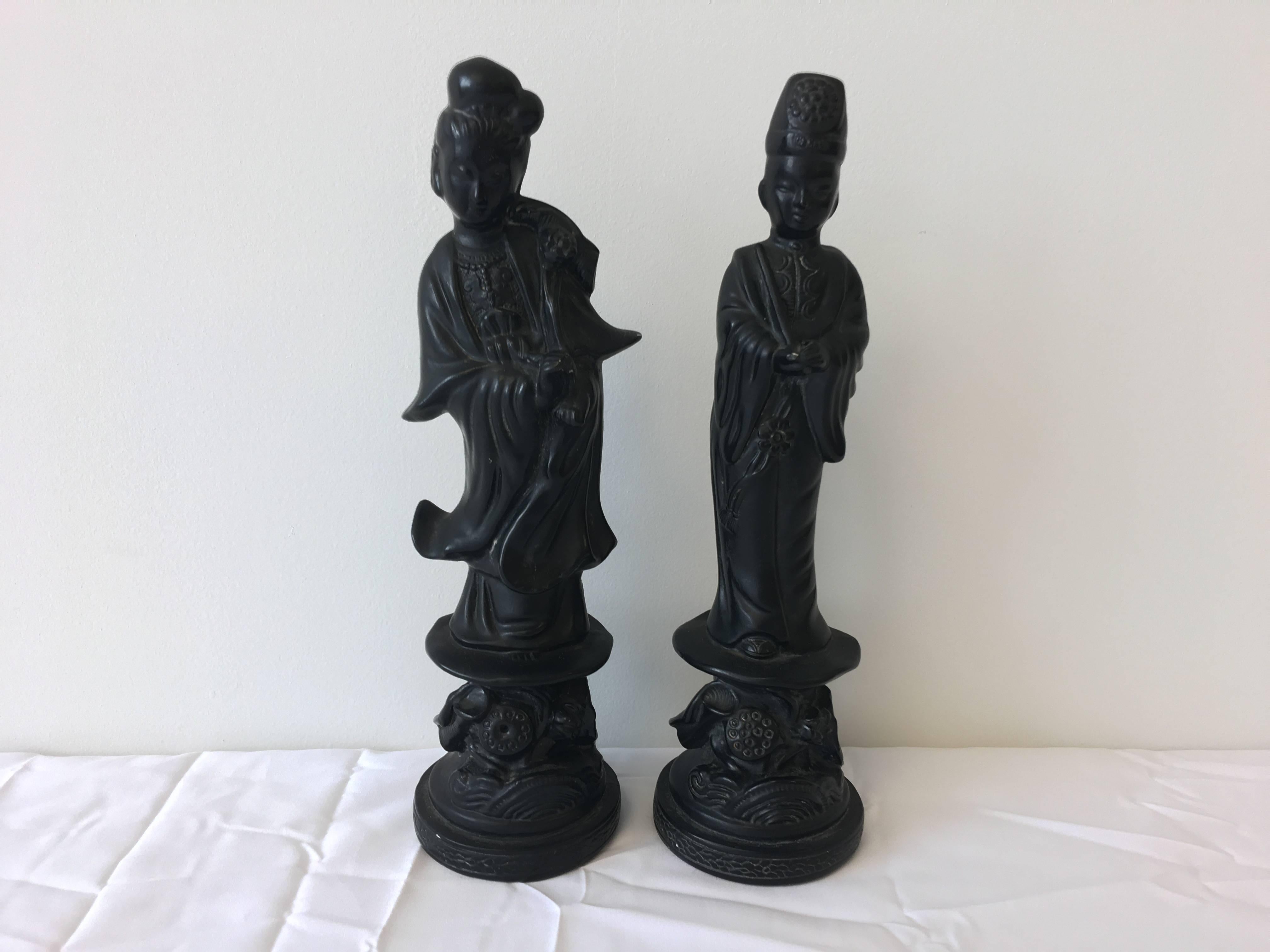 Offered is a beautiful, pair of 1970s, Alexander Backer black plaster Asian god and goddess statue figurines.

Stamped on backside: Alexander Backer Co.