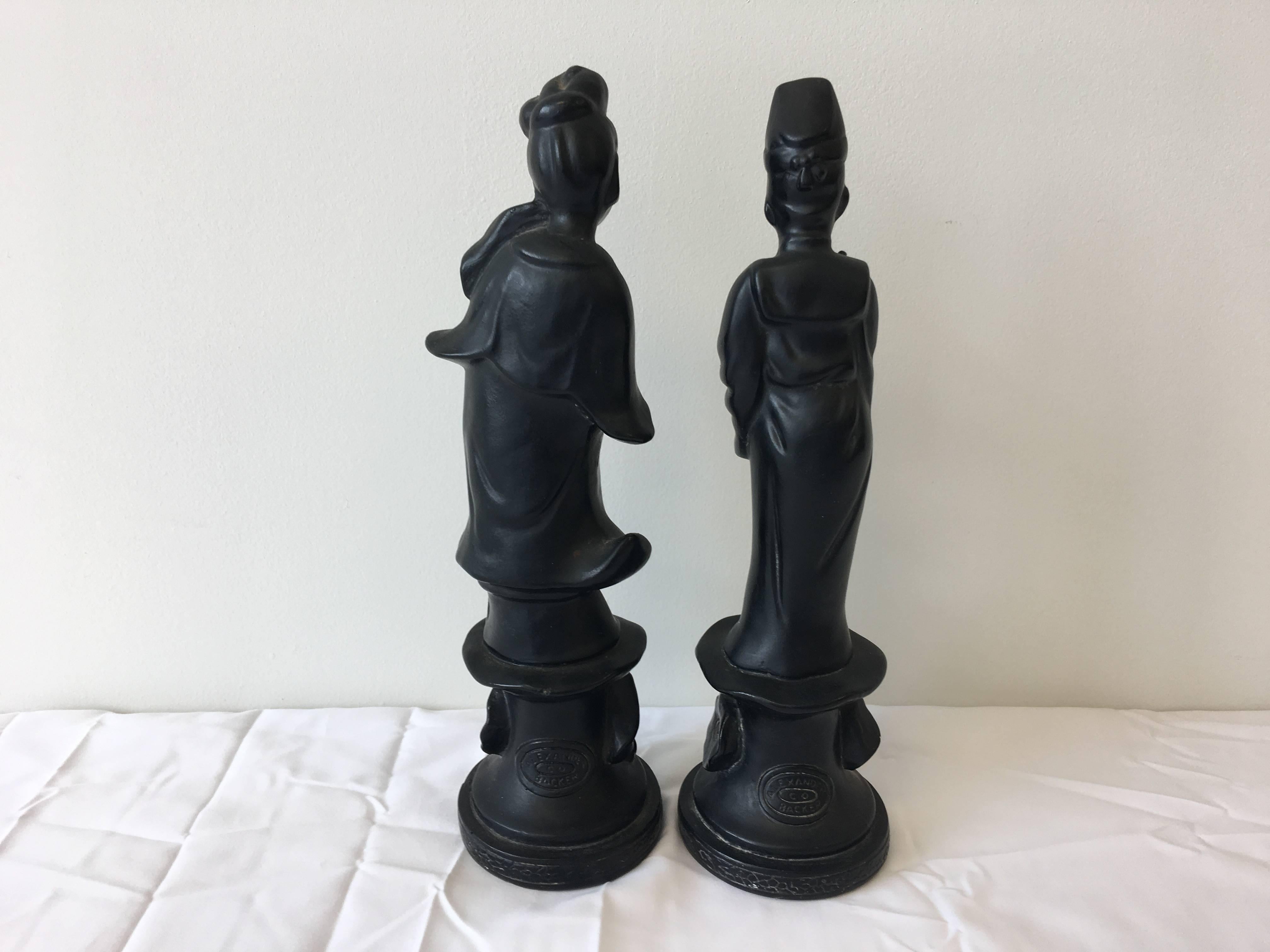 Chinoiserie Black Plaster Asian Figurines by Alexander Backer, Pair