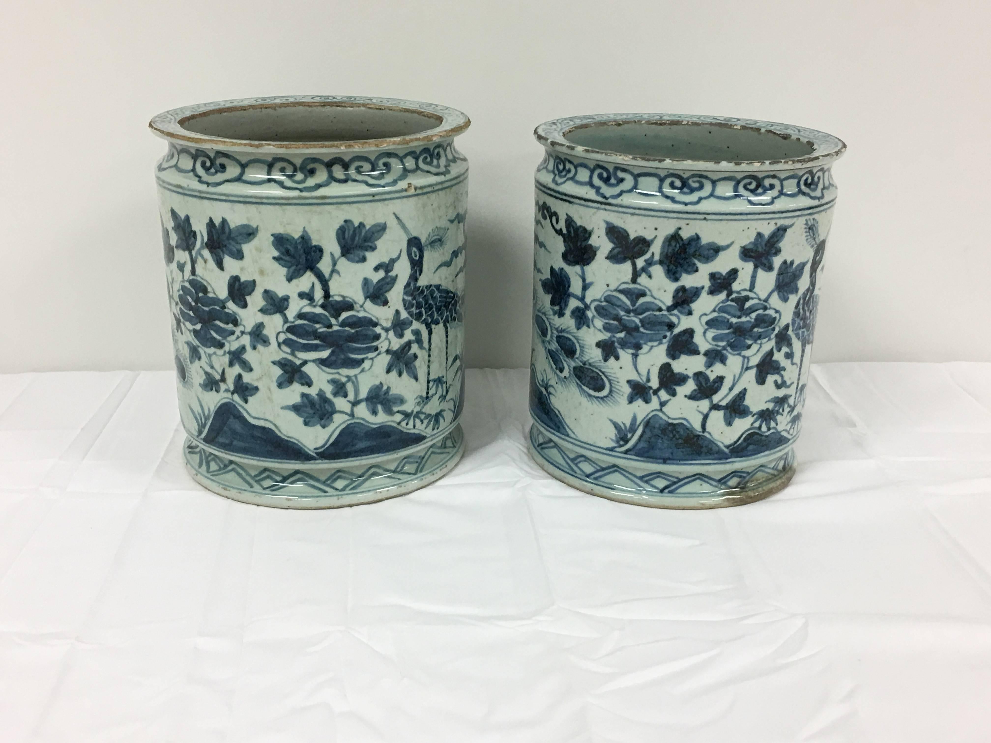 Chinoiserie Pair of Blue and White Asian Peacock Planters