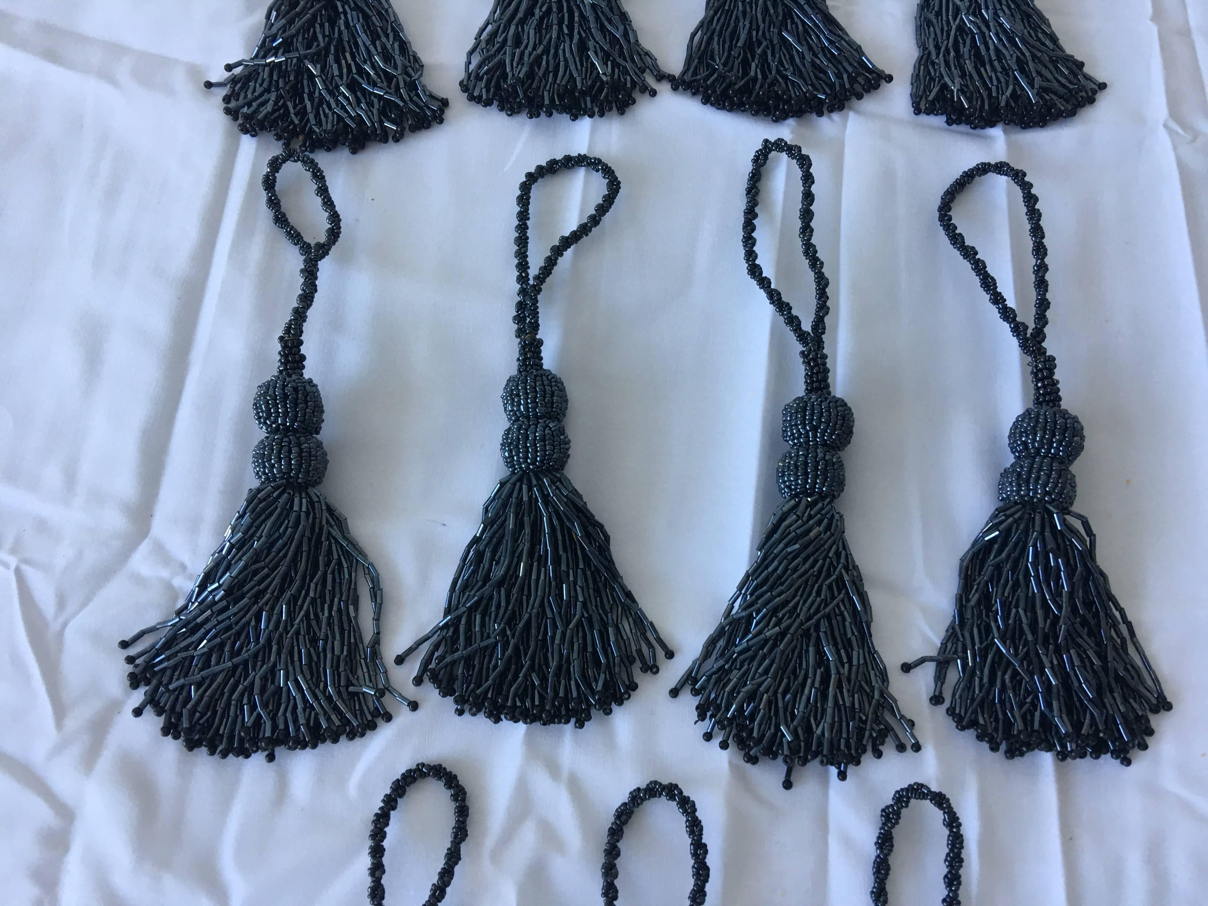 Modern Slate Grey Beaded Tassel Napkin Rings, Set of 11 In Excellent Condition In Richmond, VA