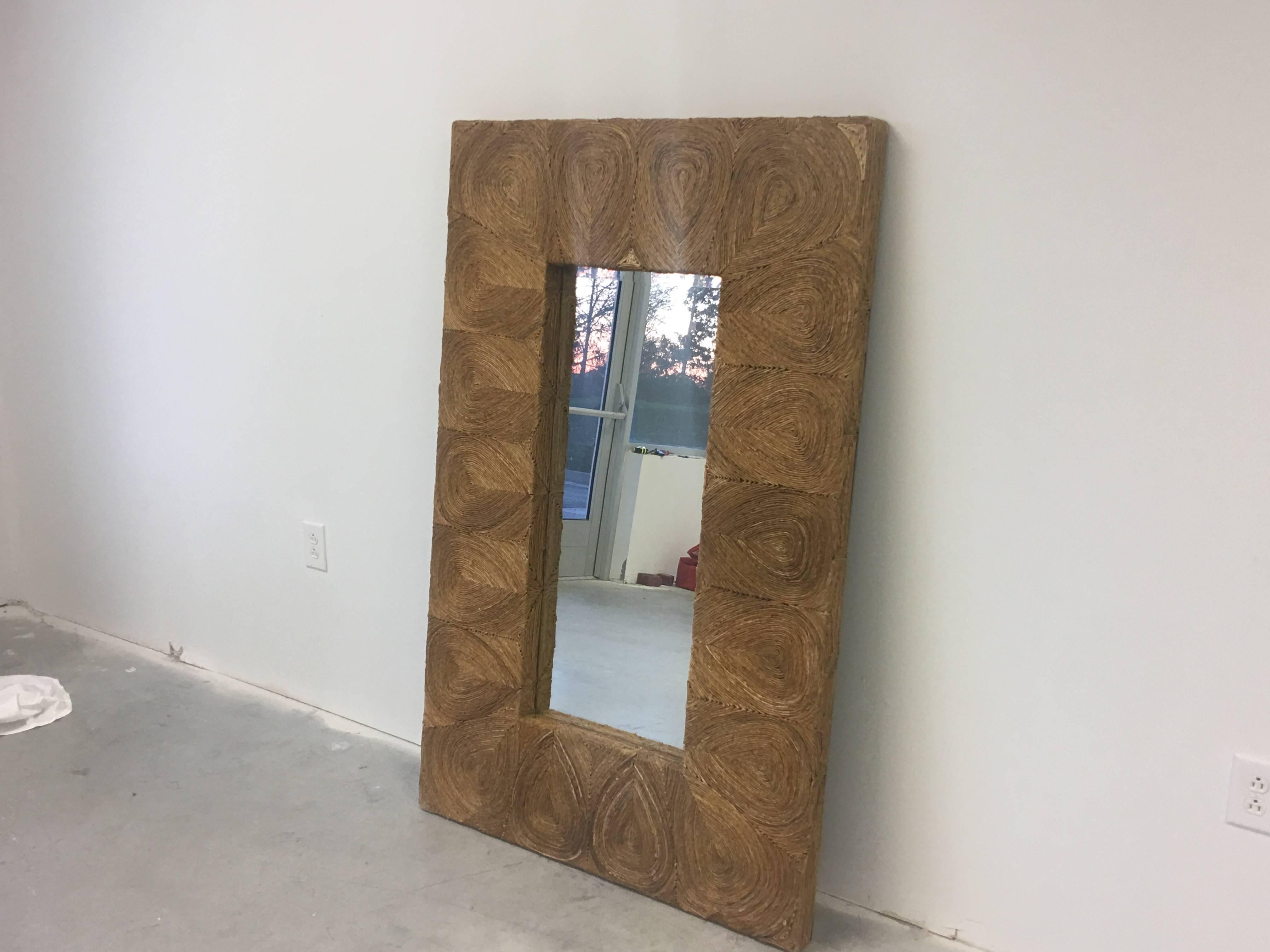 Mid-Century Modern 1980's Palm Beach Style Large Raffia Mirror For Sale