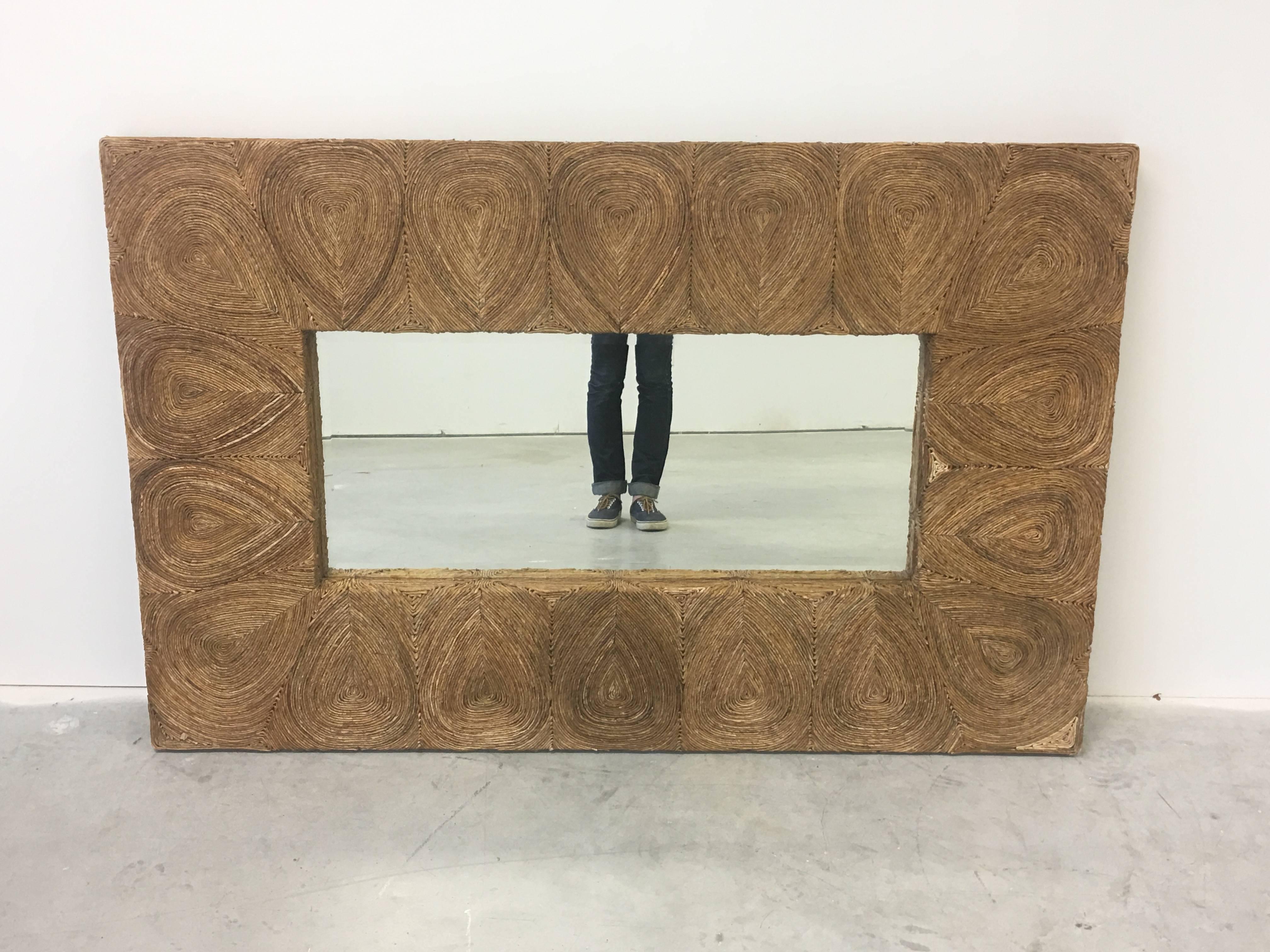 1980's Palm Beach Style Large Raffia Mirror In Excellent Condition For Sale In Richmond, VA