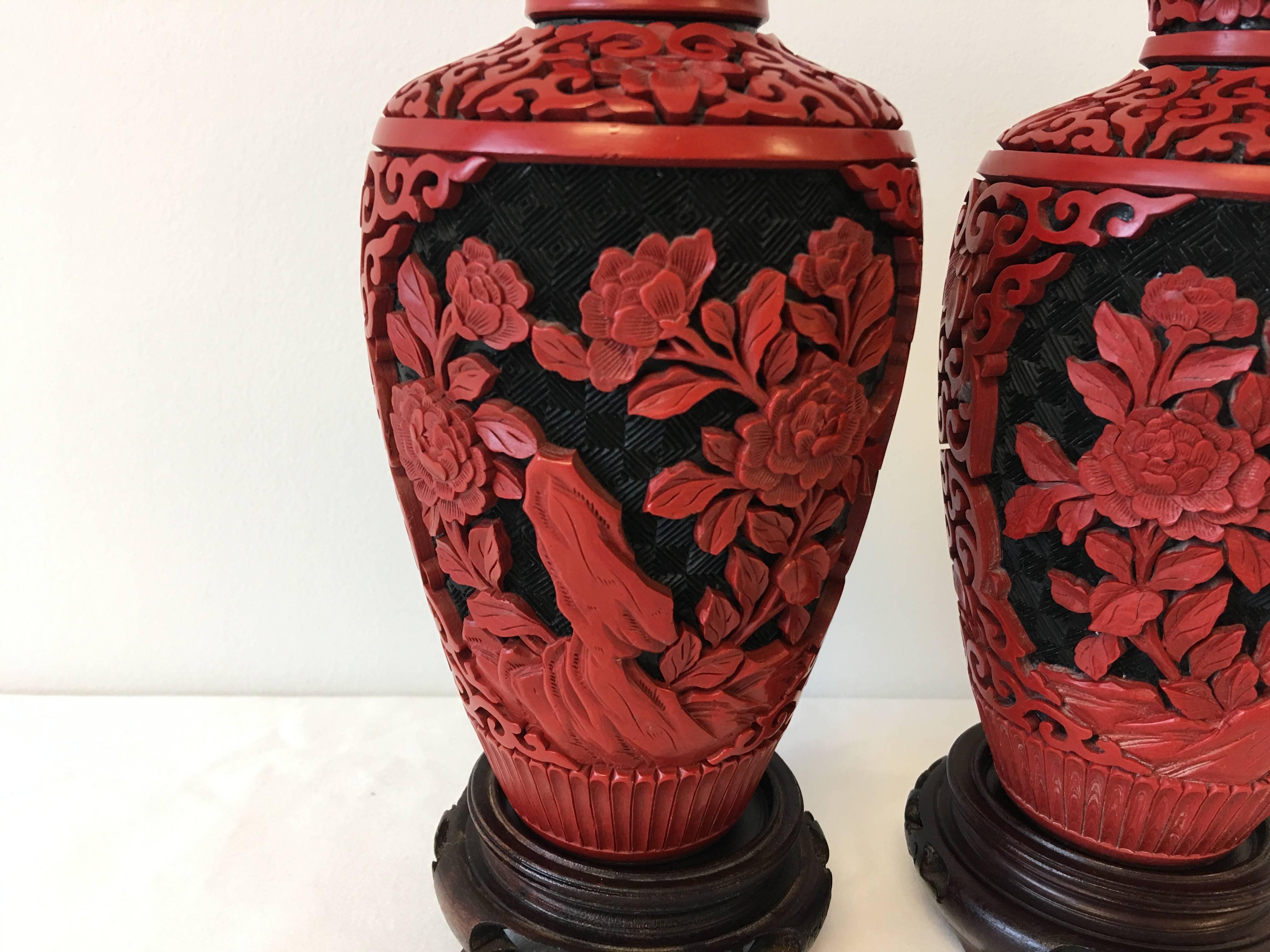 Chinese Export 19th Century Chinese Red Cinnabar Cloisonné Vases, Pair