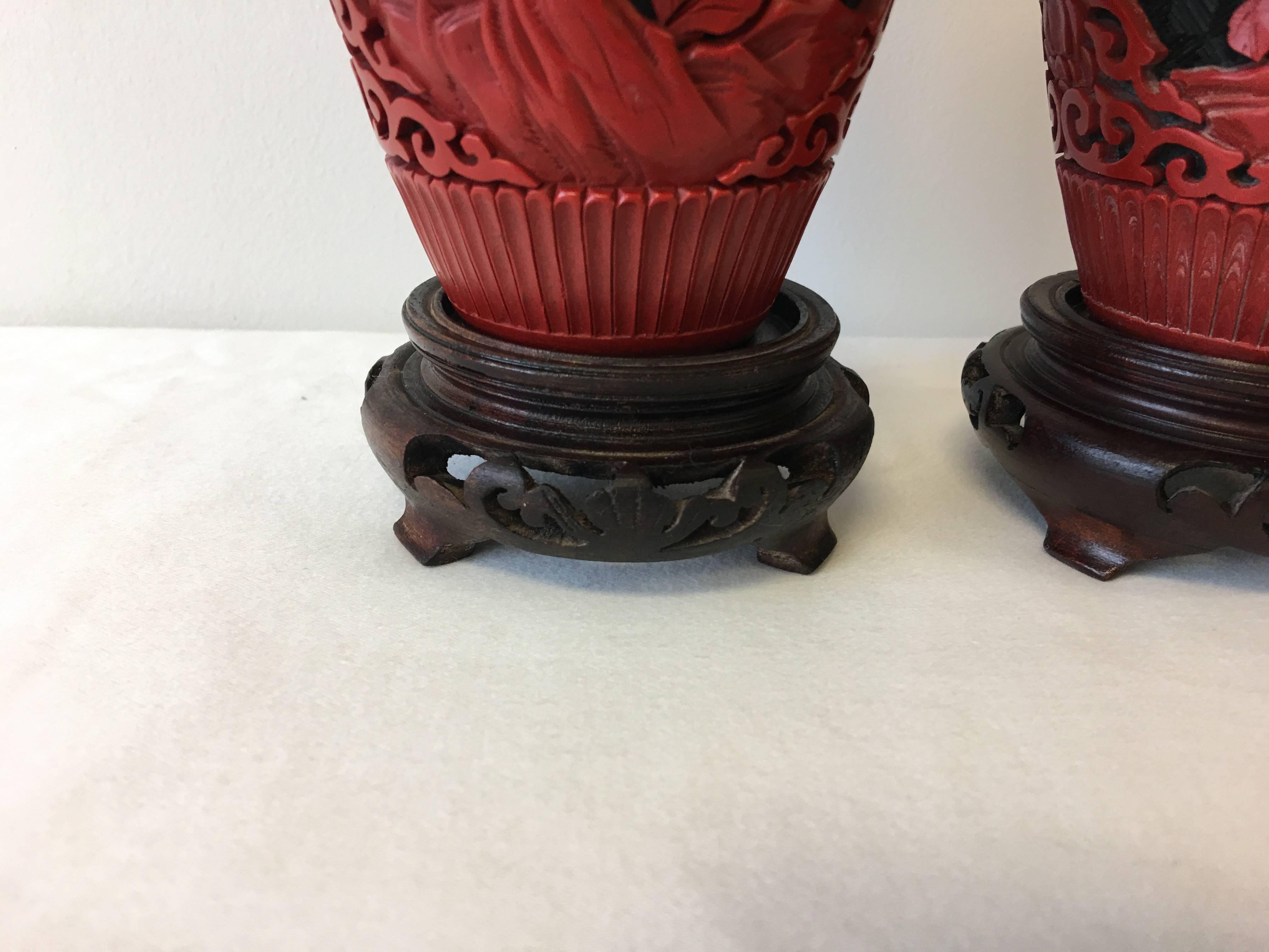 Cloissoné 19th Century Chinese Red Cinnabar Cloisonné Vases, Pair