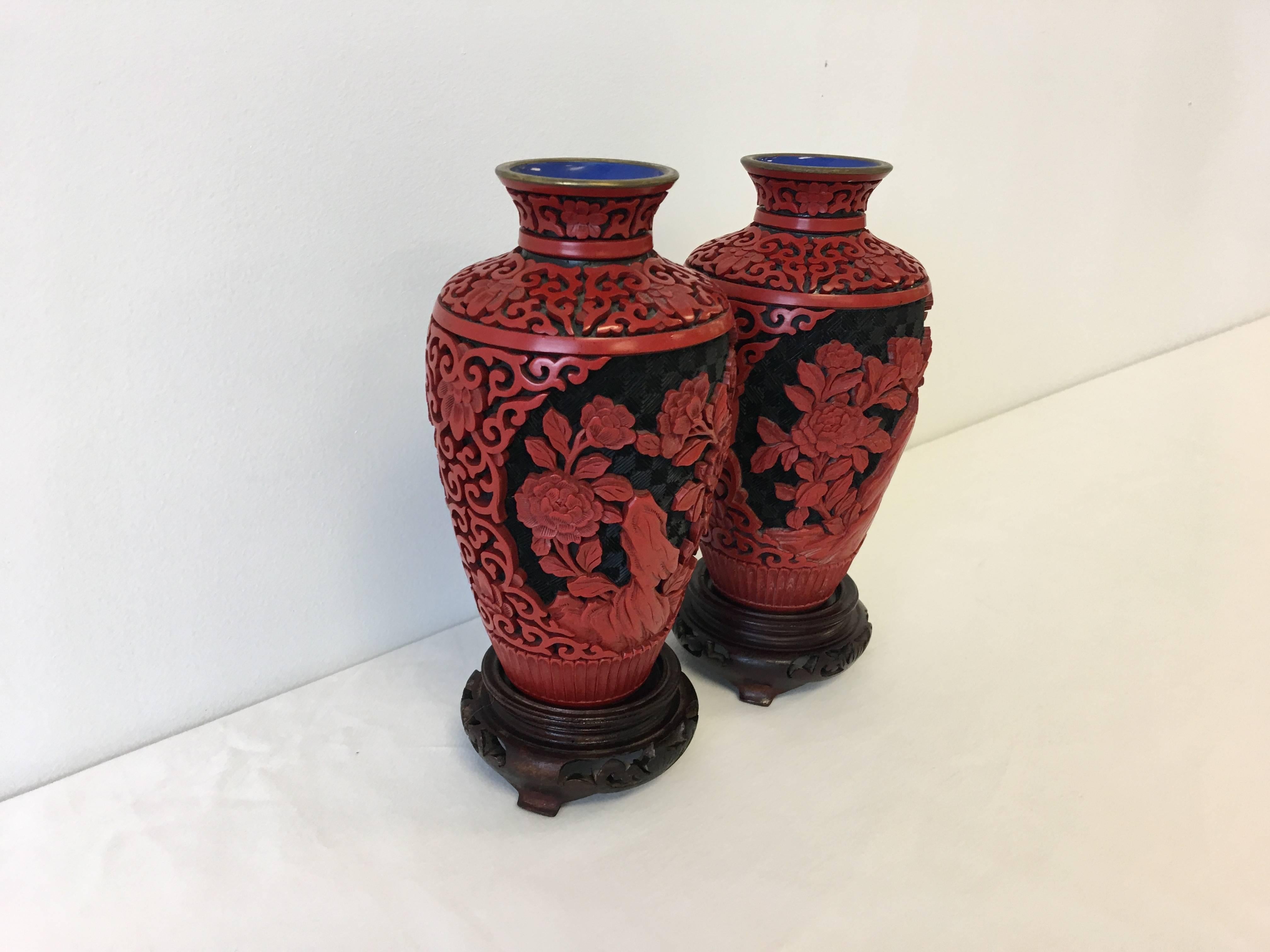 19th Century Chinese Red Cinnabar Cloisonné Vases, Pair In Excellent Condition In Richmond, VA