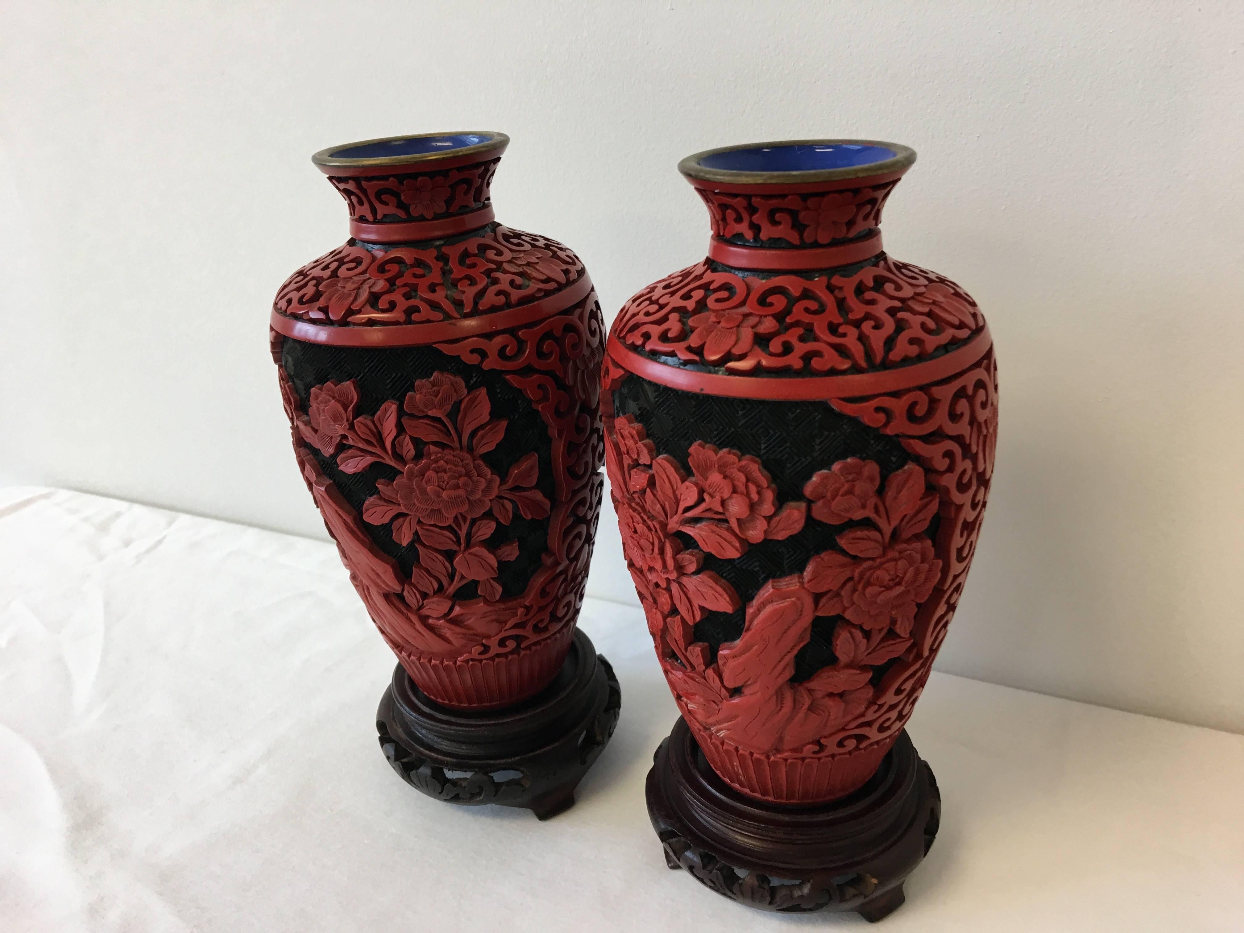 Brass 19th Century Chinese Red Cinnabar Cloisonné Vases, Pair