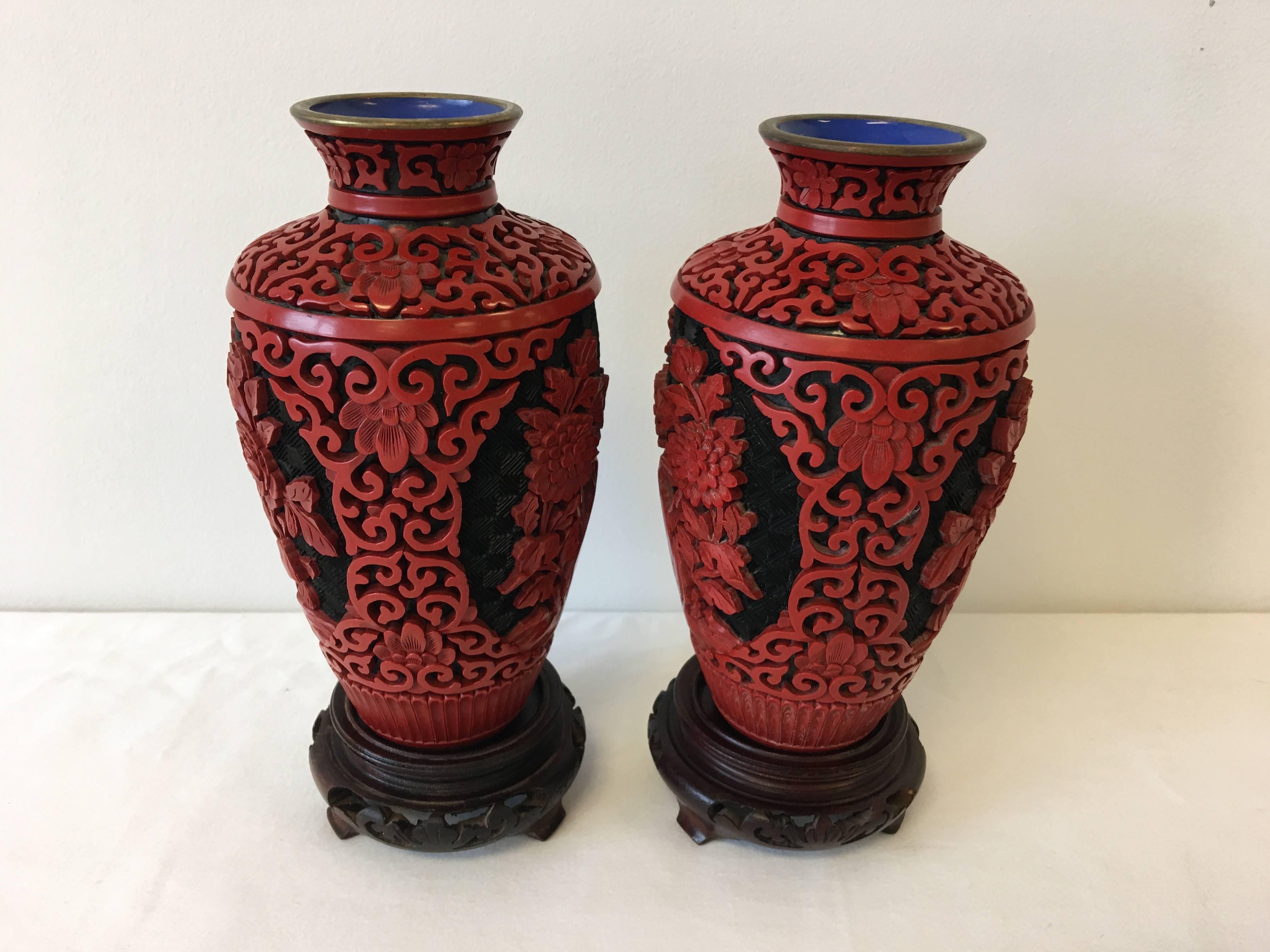 19th Century Chinese Red Cinnabar Cloisonné Vases, Pair 1
