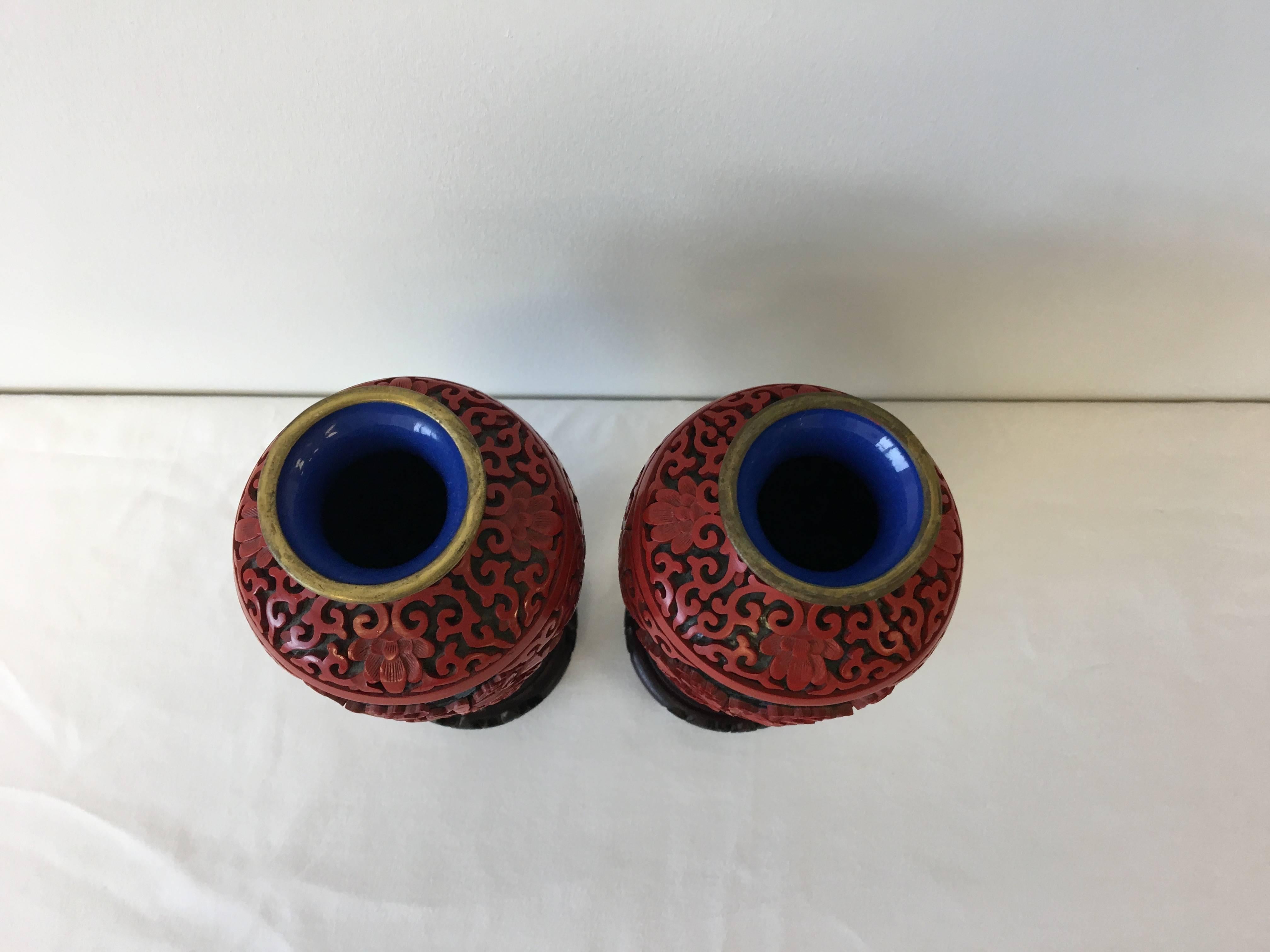 19th Century Chinese Red Cinnabar Cloisonné Vases, Pair 2