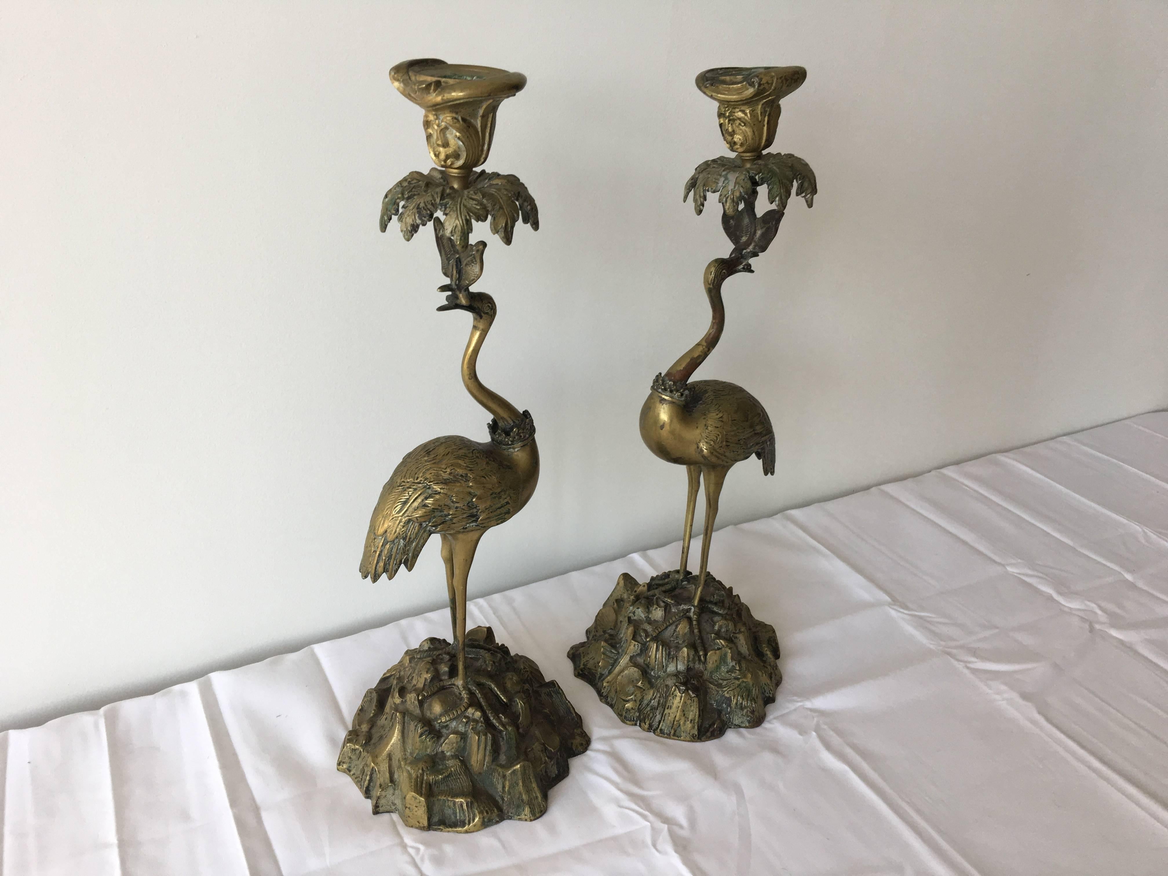 19th Century Bronze Ostrich Candlestick Holders 1