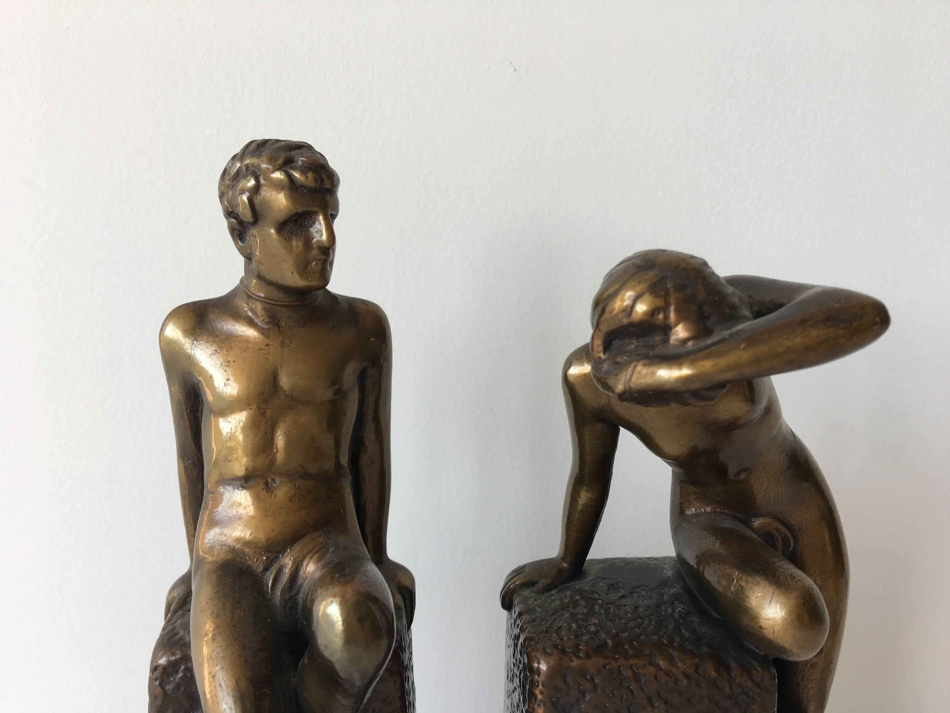 Gorgeous pair of 1920s, bronze Art Deco nude male and female bookends.