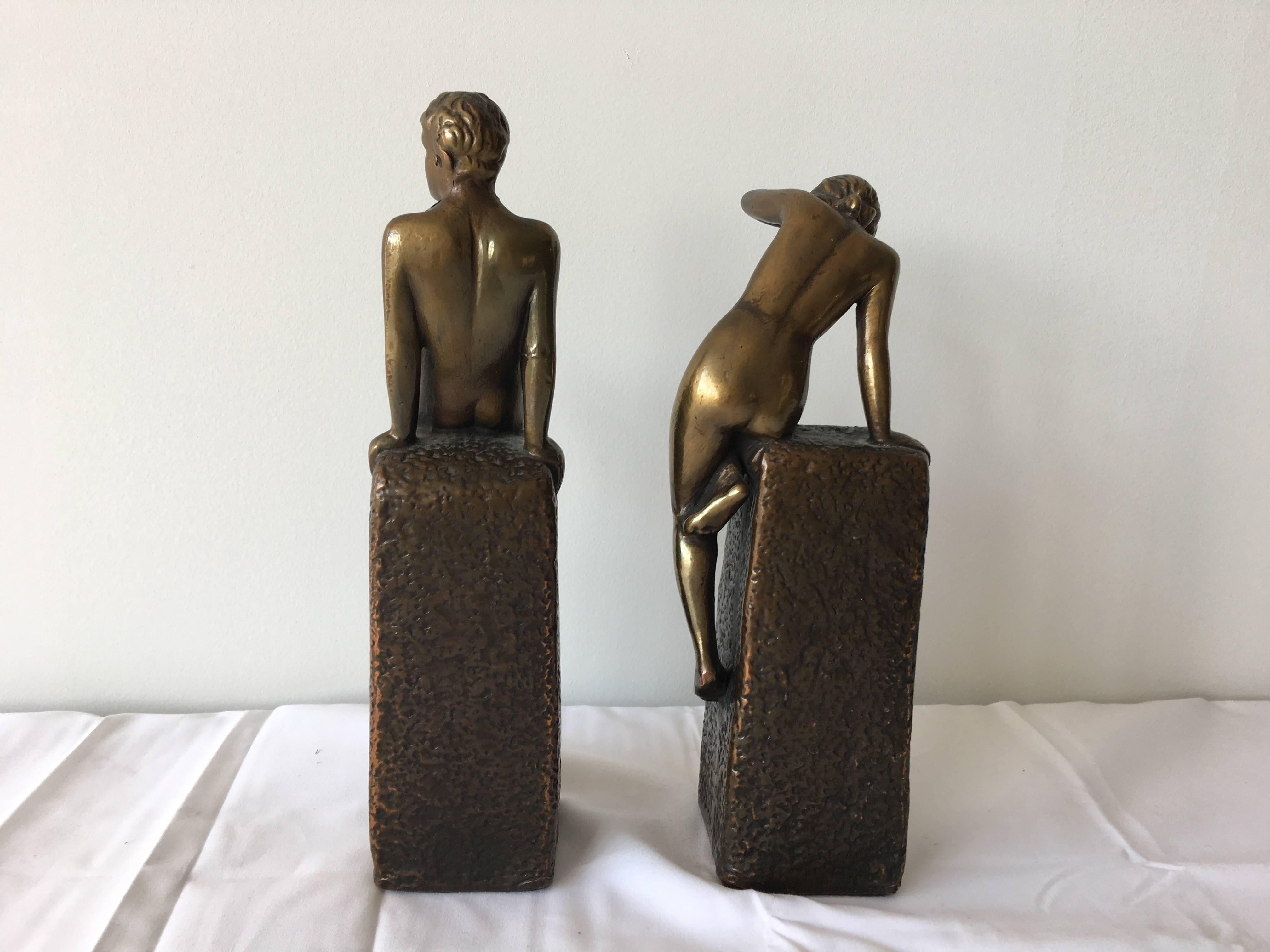 1920s Art Deco Bronze Nude Male and Female Bookends, Pair In Excellent Condition In Richmond, VA