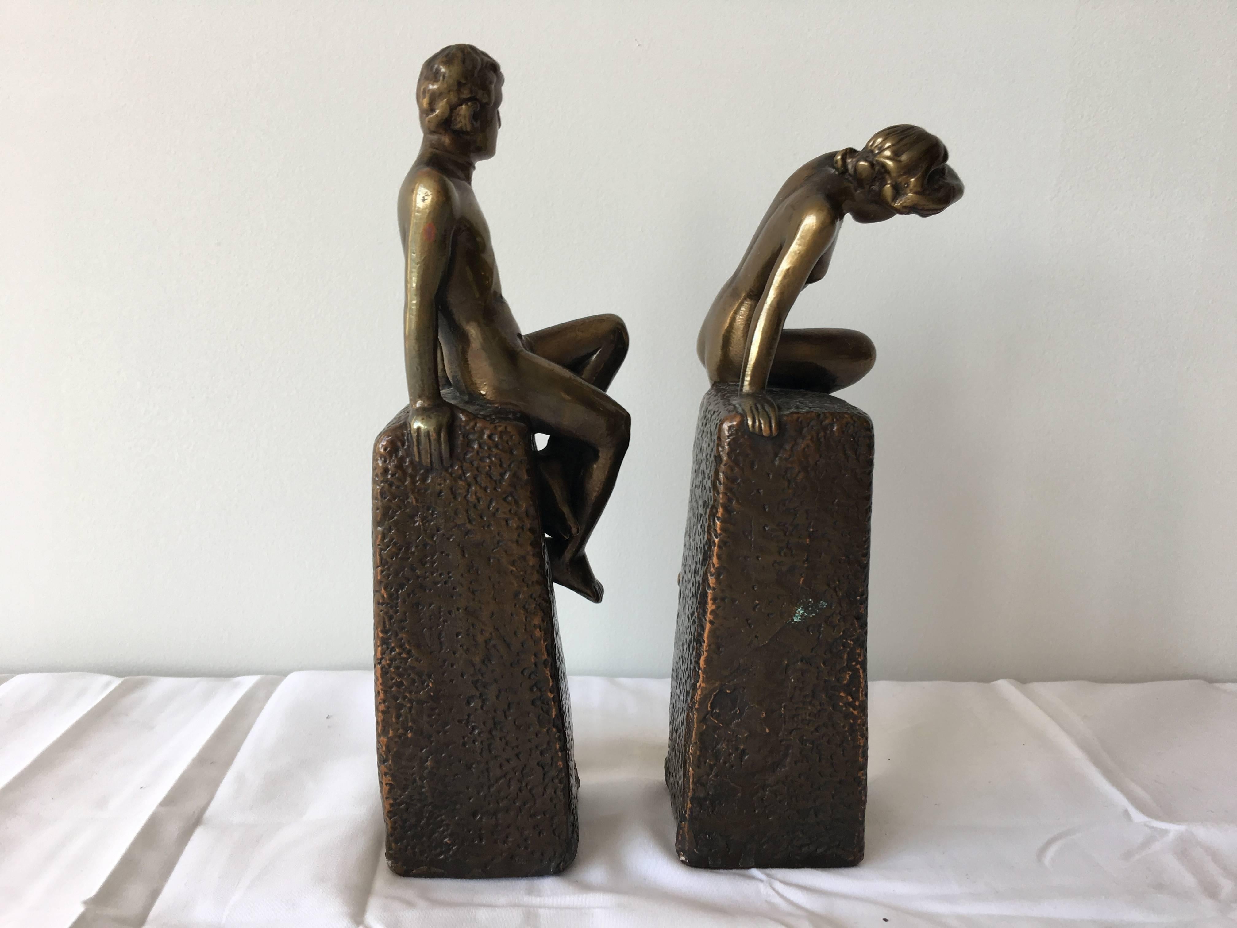 20th Century 1920s Art Deco Bronze Nude Male and Female Bookends, Pair