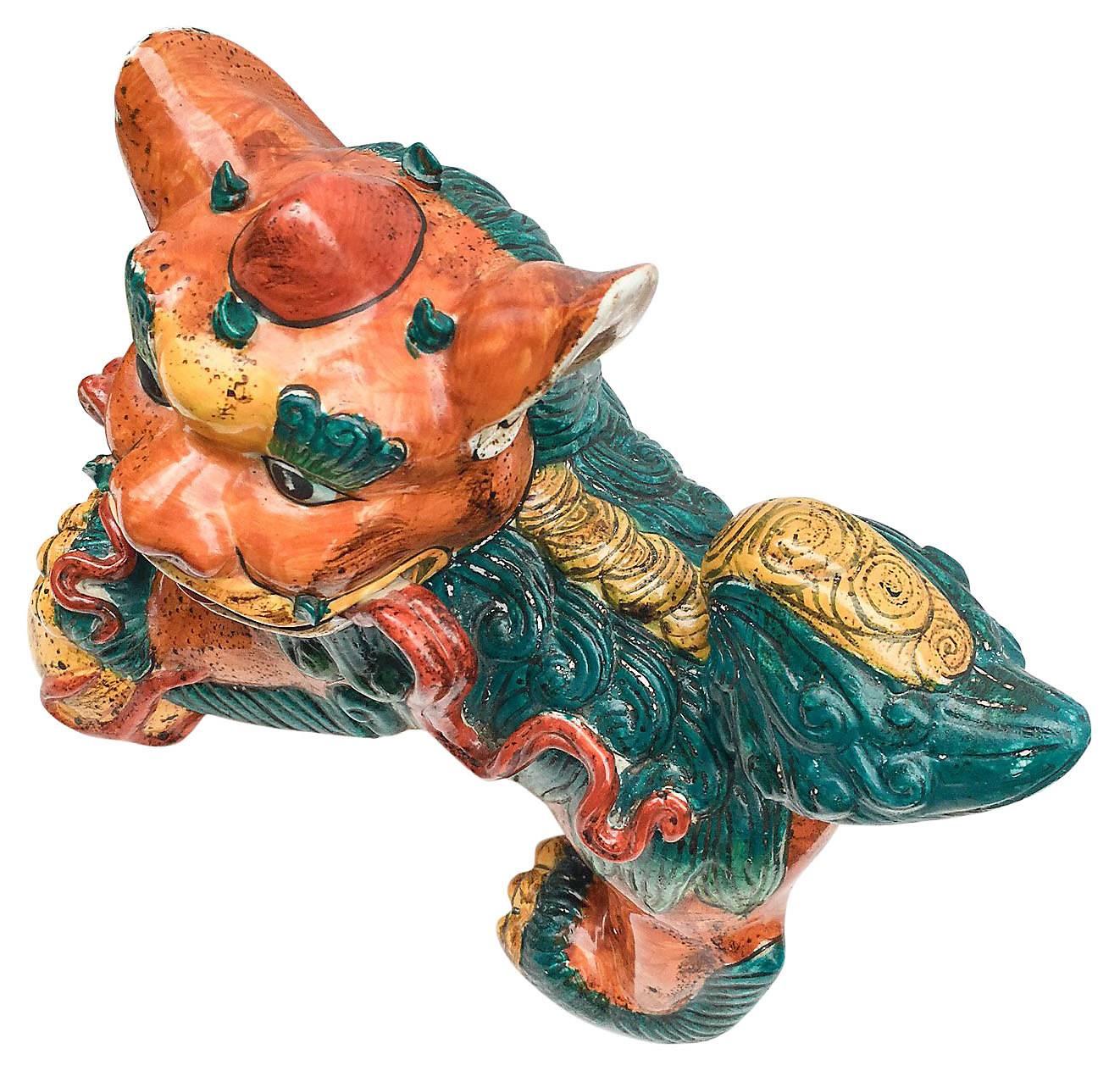 Polychromed 19th Century Large Polychrome Chinese Foo Dog Statues, Pair