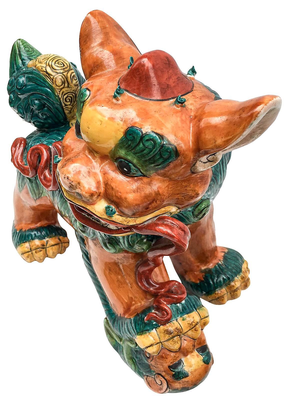 19th Century Large Polychrome Chinese Foo Dog Statues, Pair In Excellent Condition In Richmond, VA