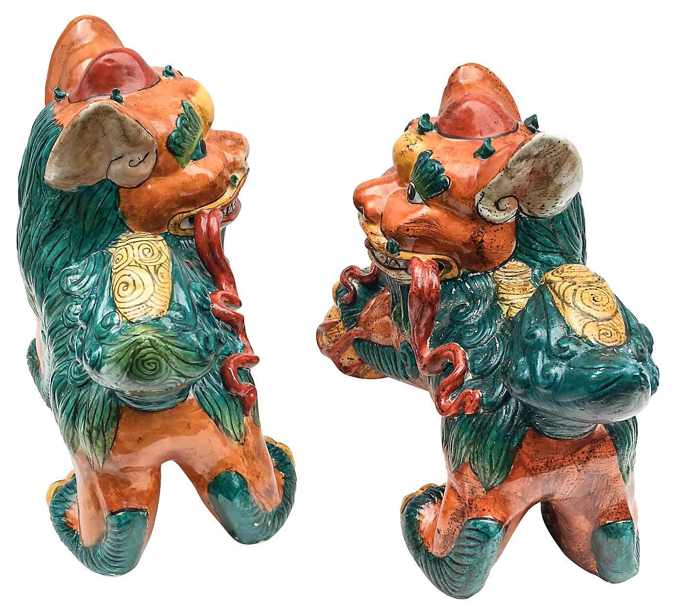 Ceramic 19th Century Large Polychrome Chinese Foo Dog Statues, Pair