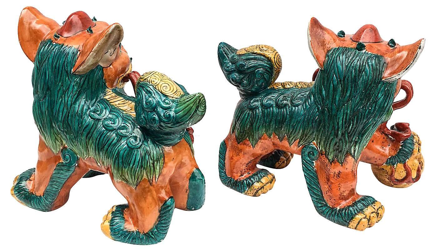 19th Century Large Polychrome Chinese Foo Dog Statues, Pair 1