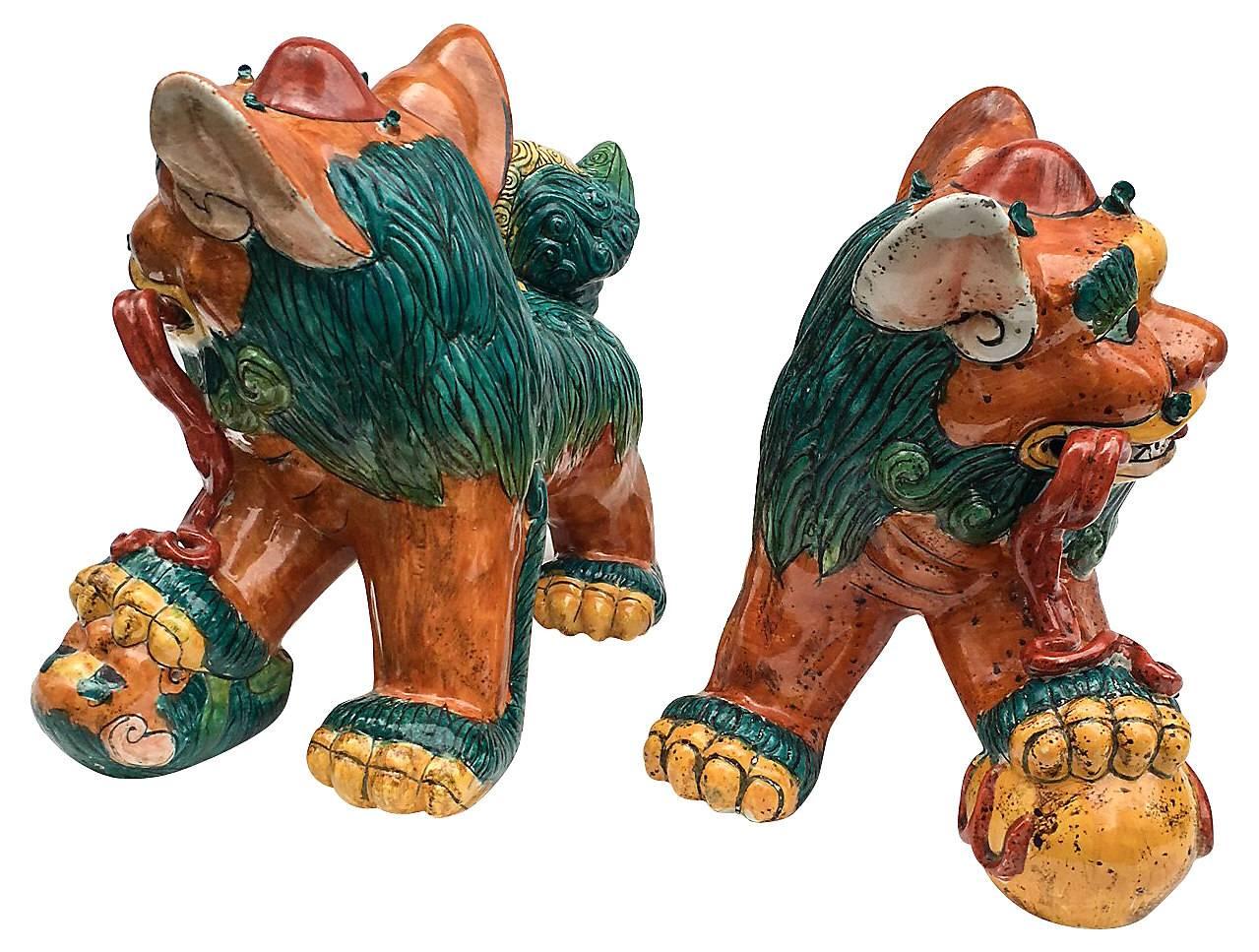 19th Century Large Polychrome Chinese Foo Dog Statues, Pair 2