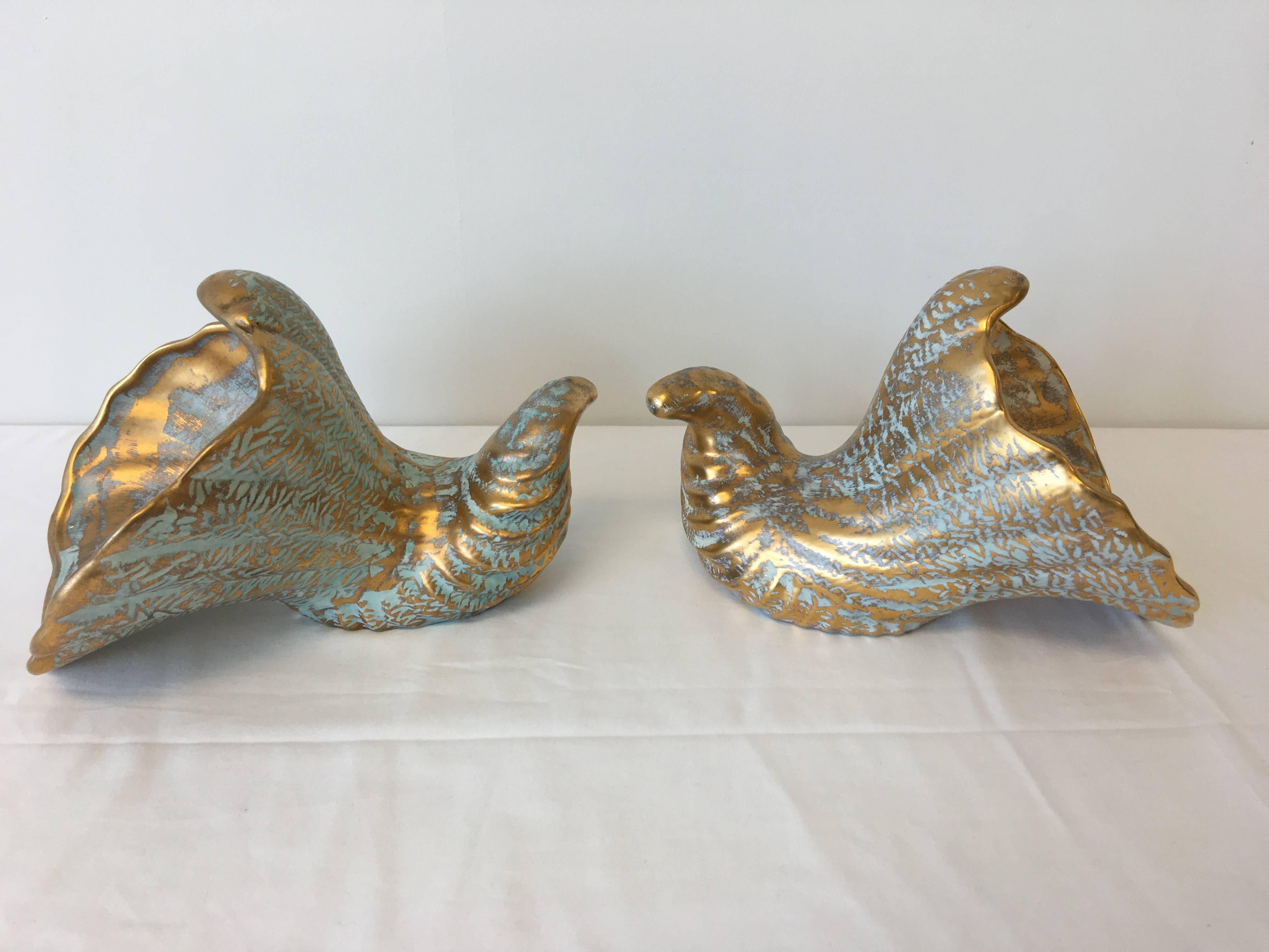 American 1970s Stangl Gold and Turquoise Cornucopia Serving Pieces, Pair