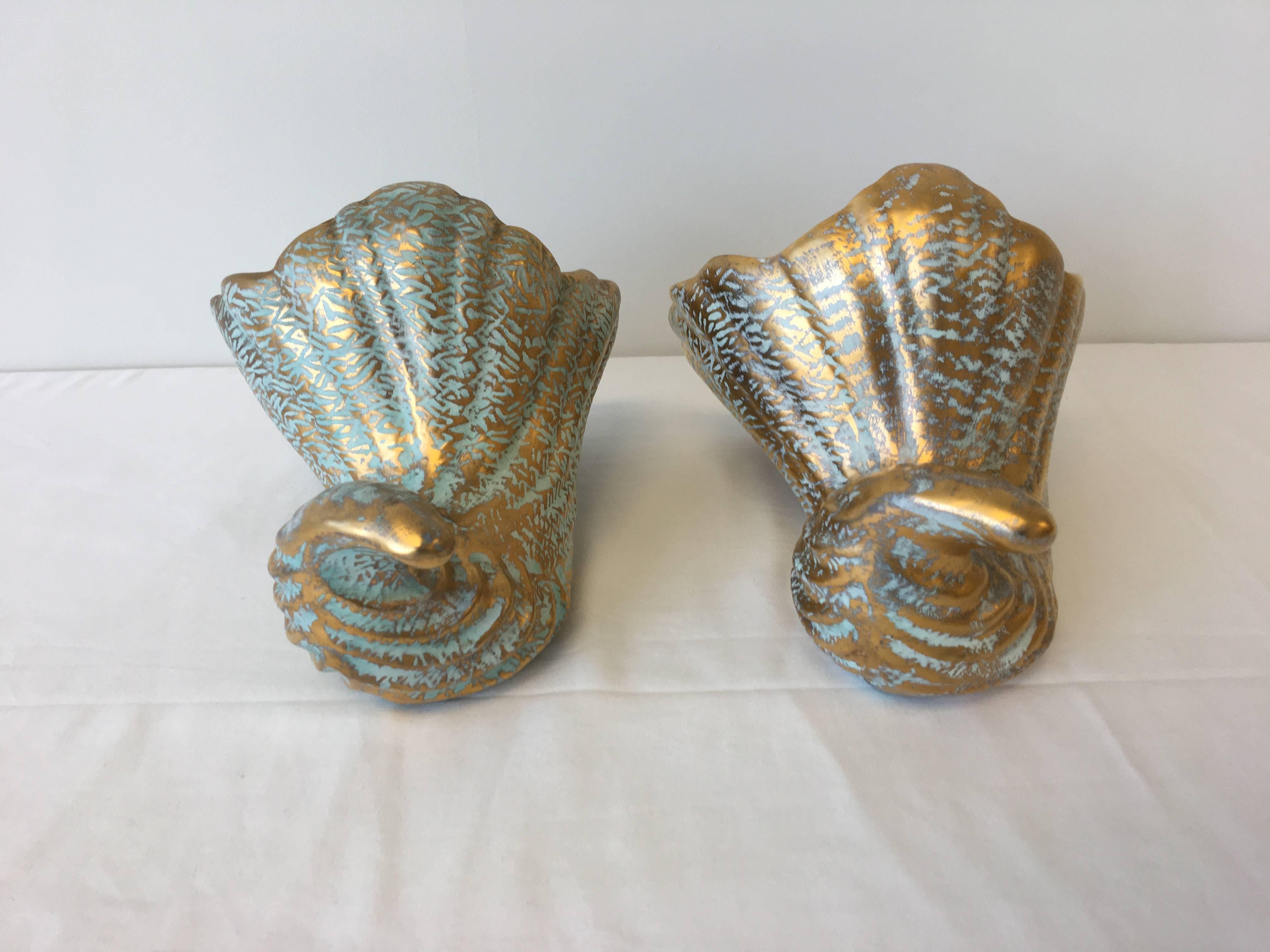 Painted 1970s Stangl Gold and Turquoise Cornucopia Serving Pieces, Pair
