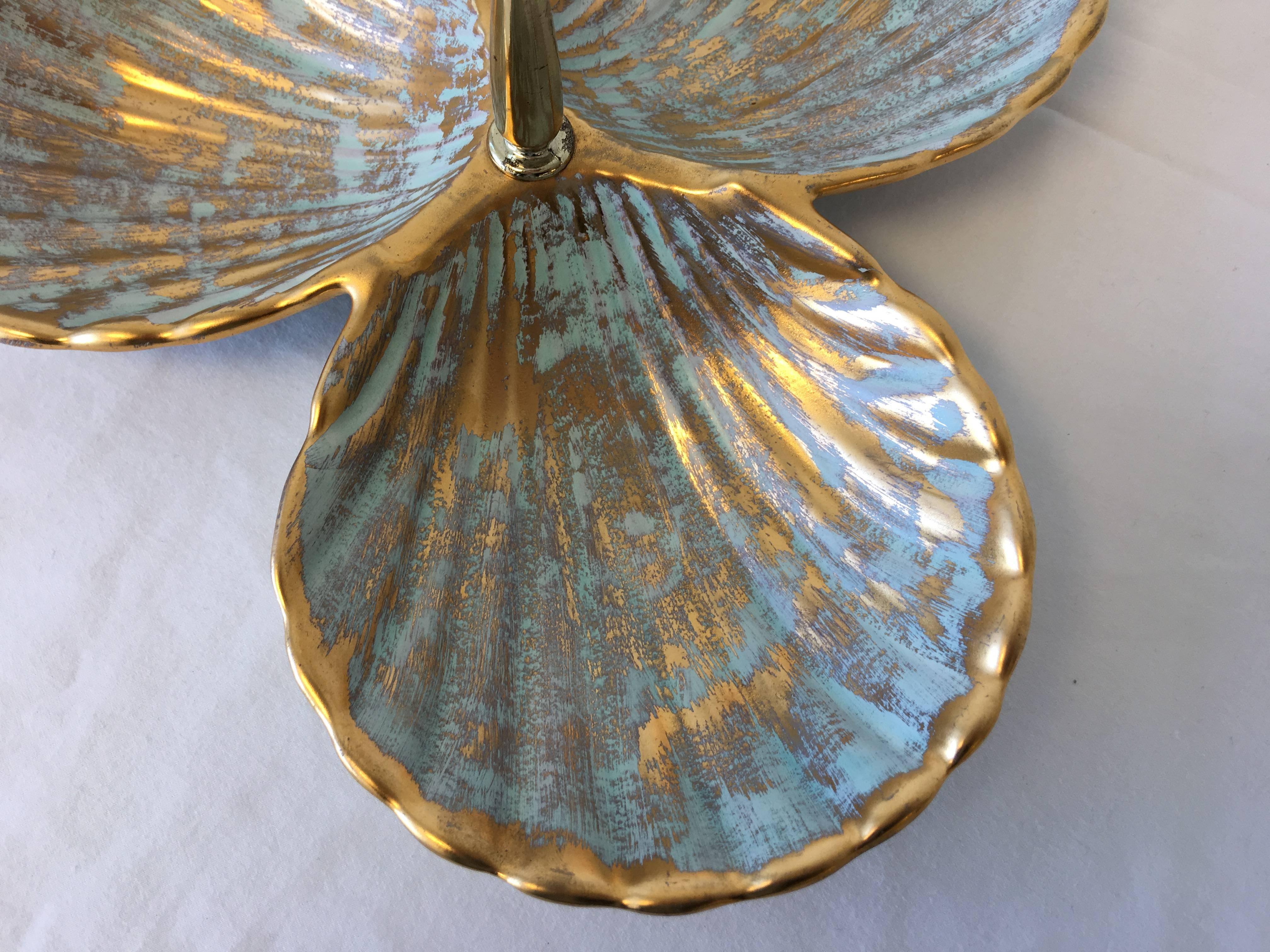 American 1970s Stangl Gold and Turquoise Seashell Serving Dish