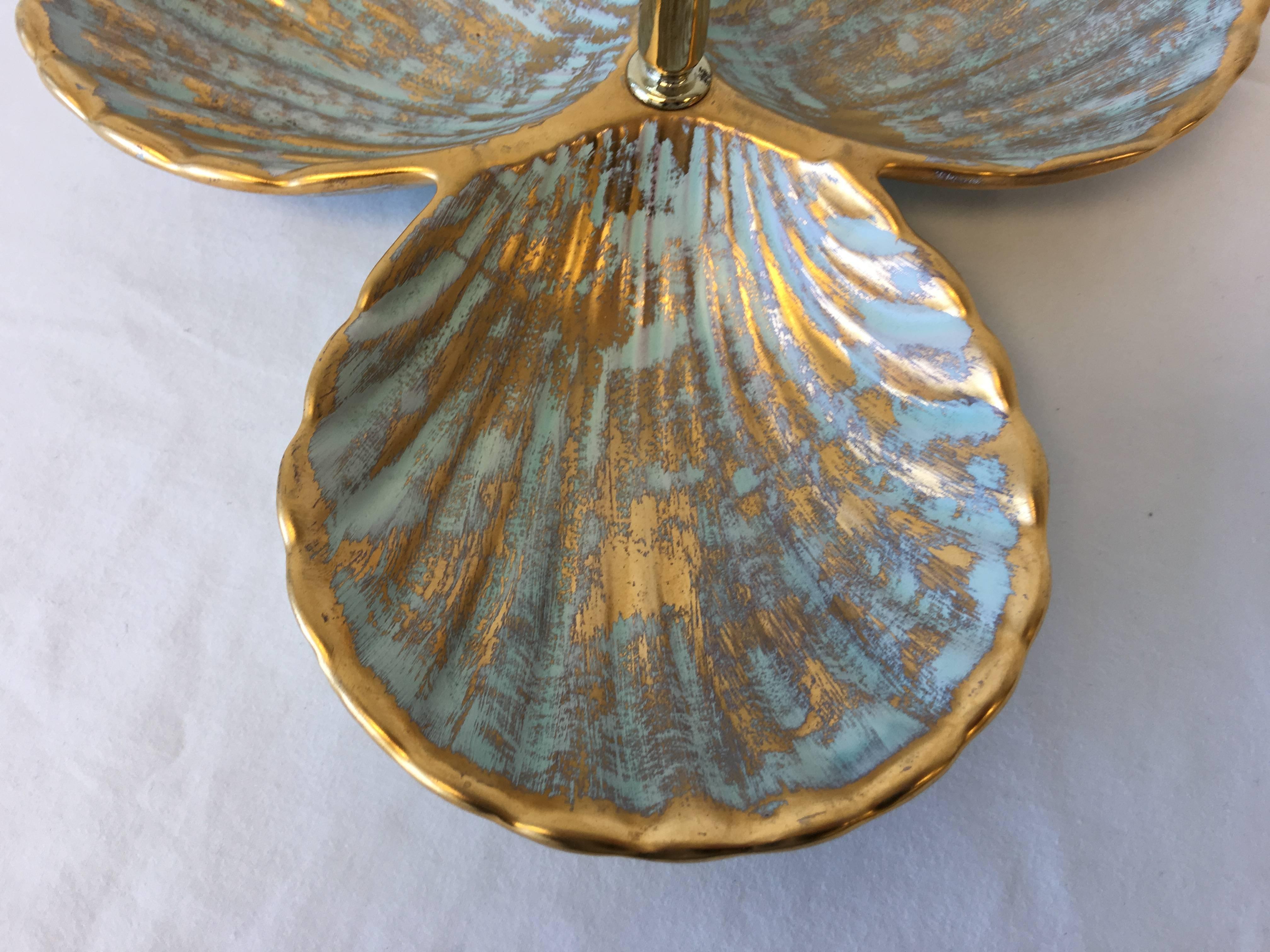 Painted 1970s Stangl Gold and Turquoise Seashell Serving Dish