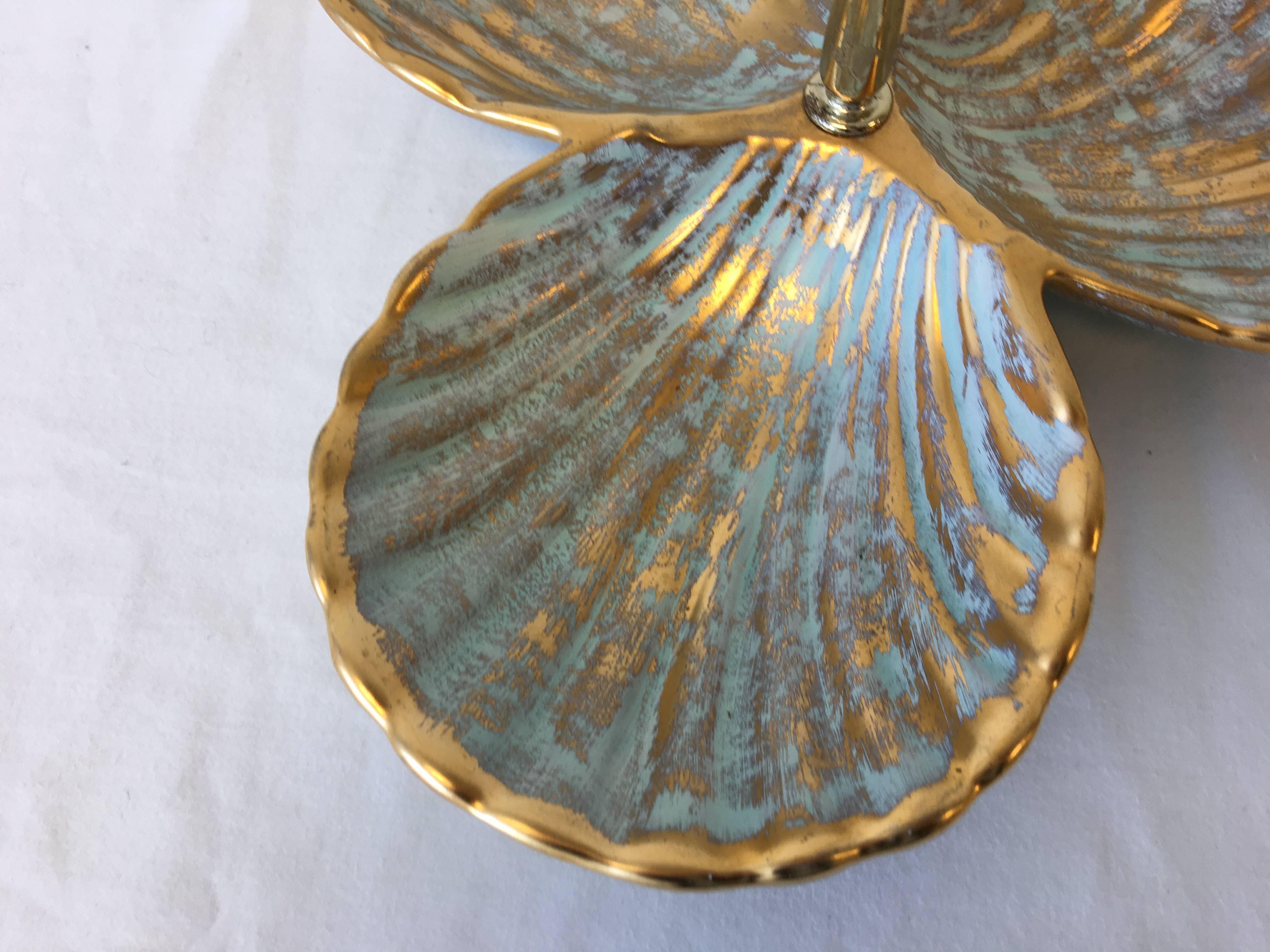 1970s Stangl Gold and Turquoise Seashell Serving Dish In Excellent Condition In Richmond, VA