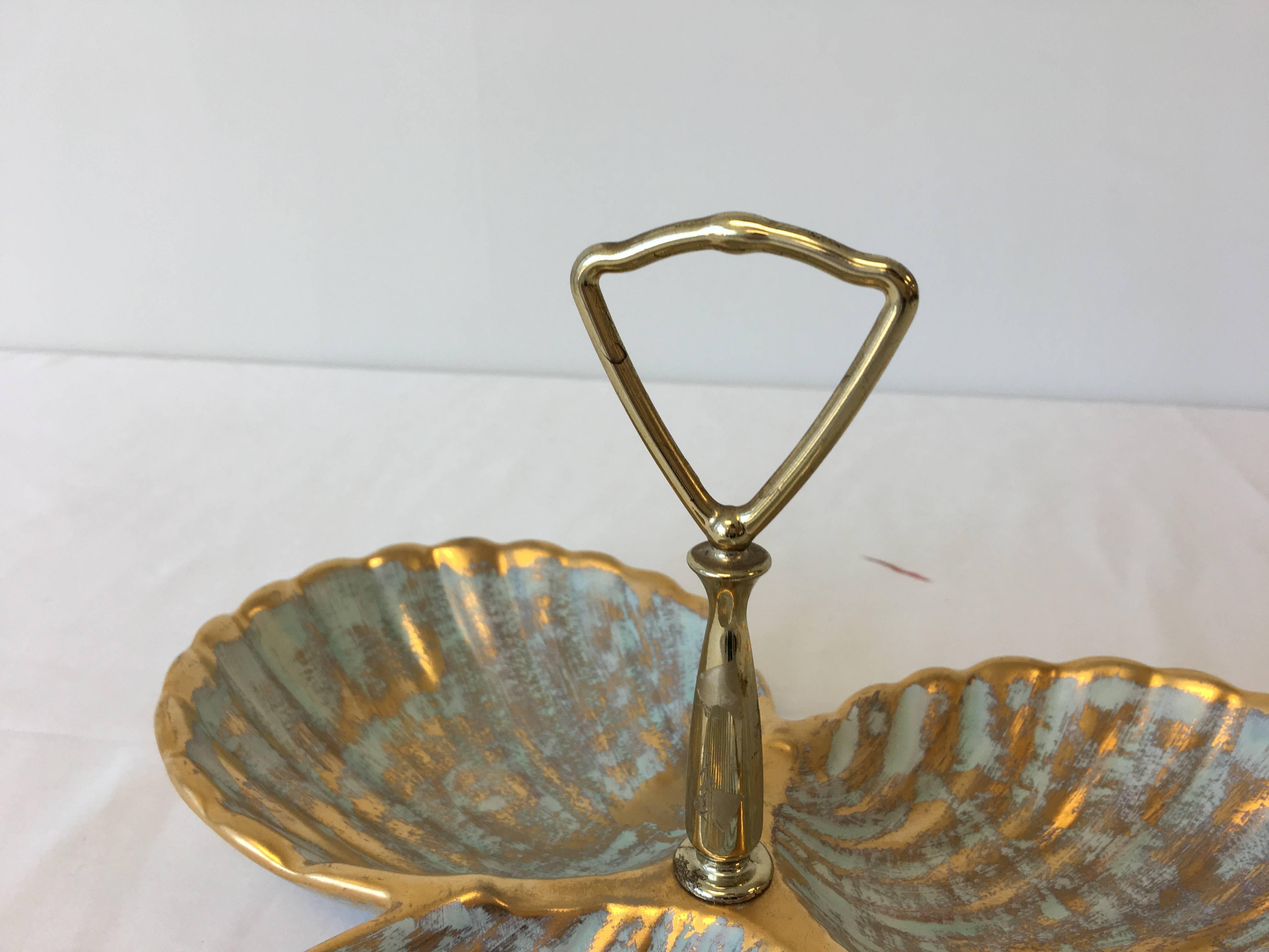 20th Century 1970s Stangl Gold and Turquoise Seashell Serving Dish