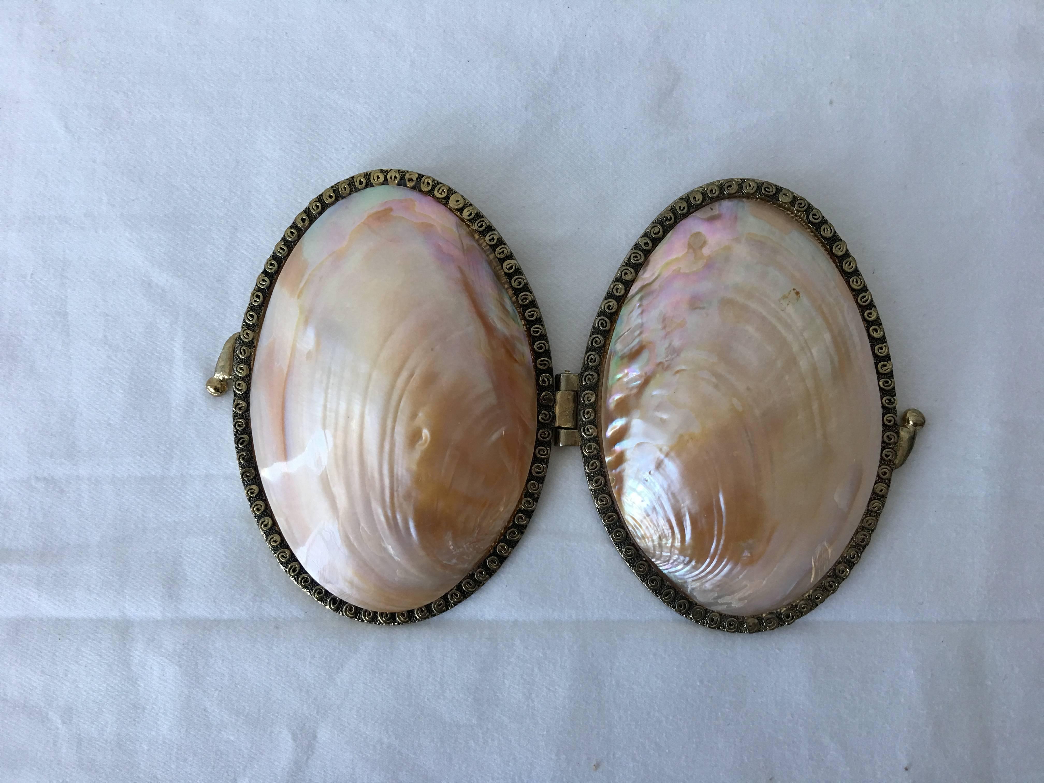 Brass Mother of Pearl Shell Box or Coin Purse