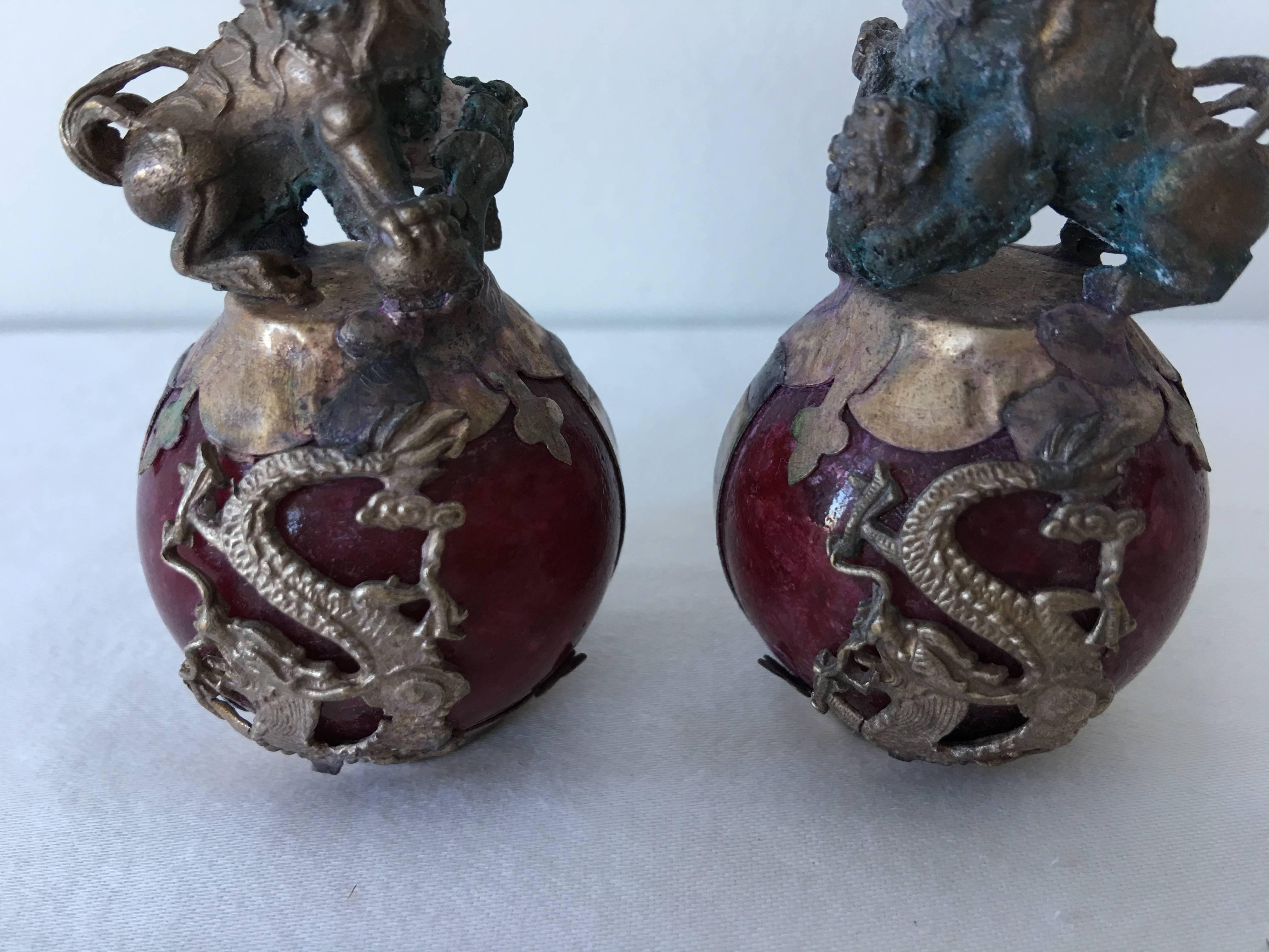 Chinese Export 19th Century Bronze Foo Dogs and Dragons on Red Stone, Pair