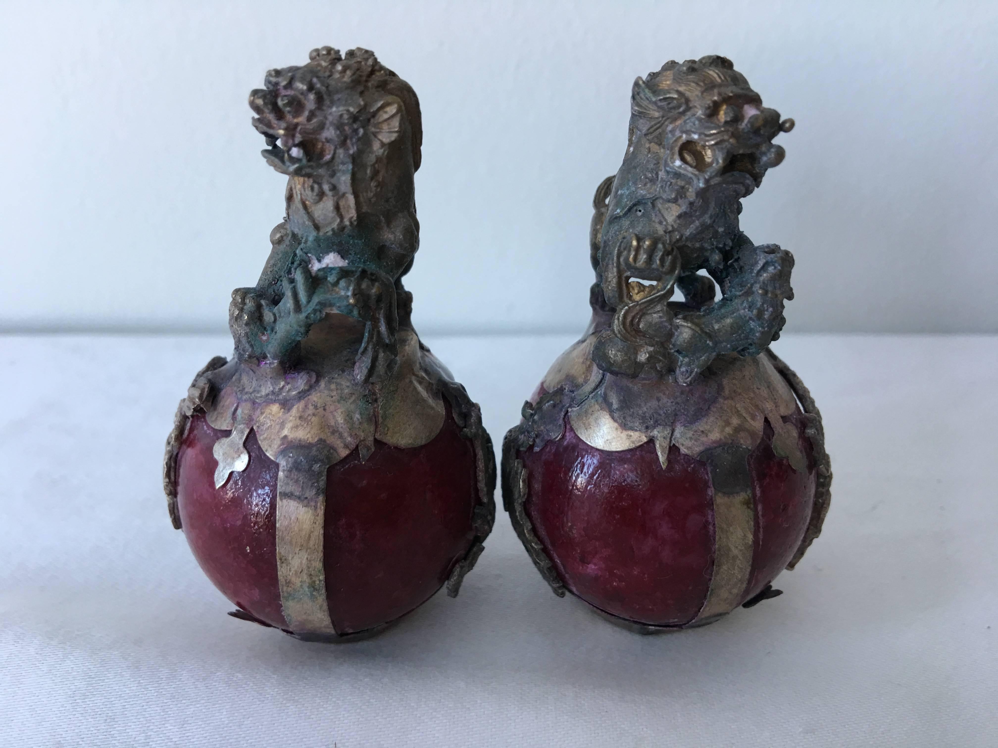 Chinese 19th Century Bronze Foo Dogs and Dragons on Red Stone, Pair
