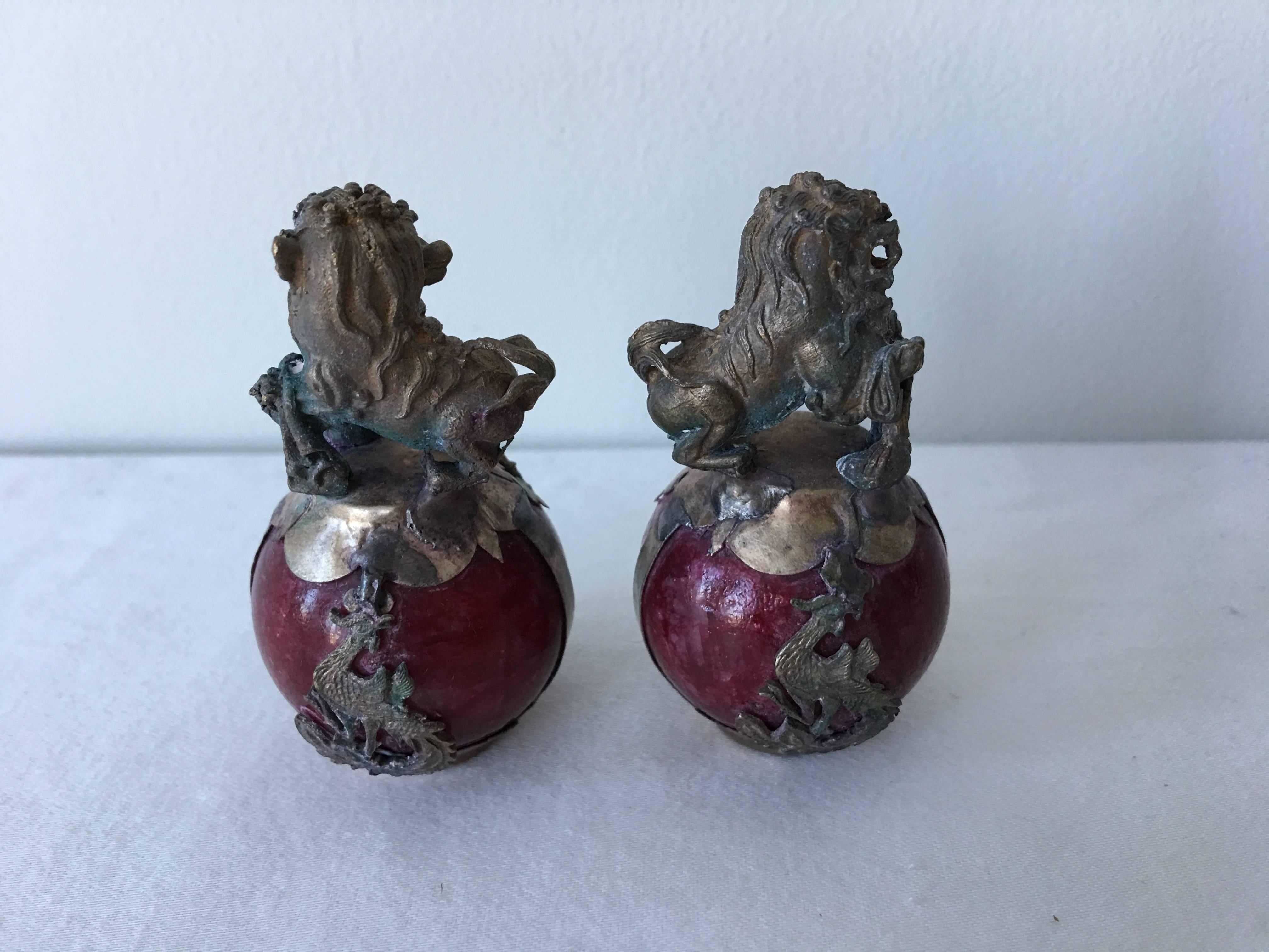Polished 19th Century Bronze Foo Dogs and Dragons on Red Stone, Pair