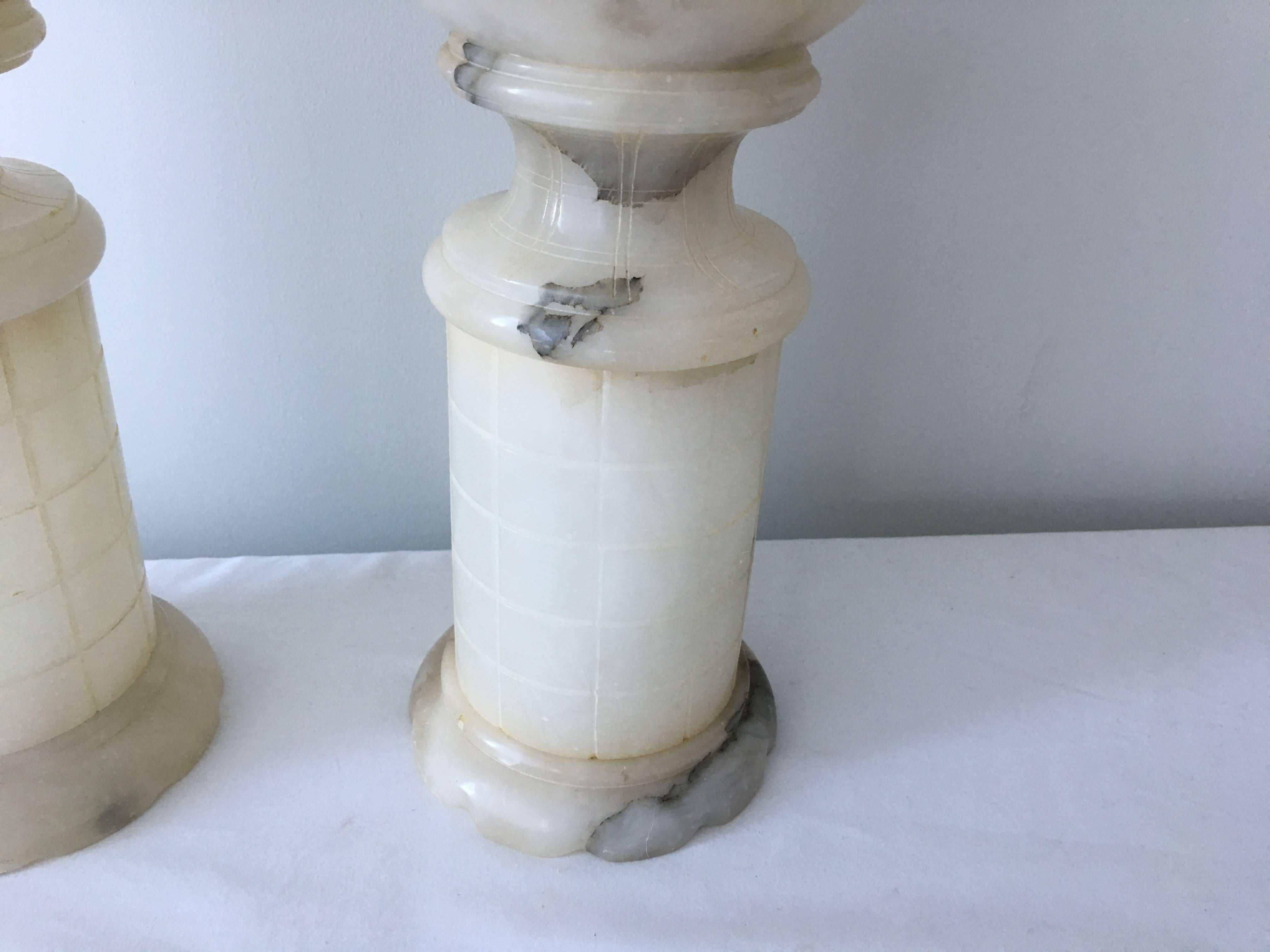 20th Century 1920s Art Deco Alabaster Orb Urn Lamps, Pair