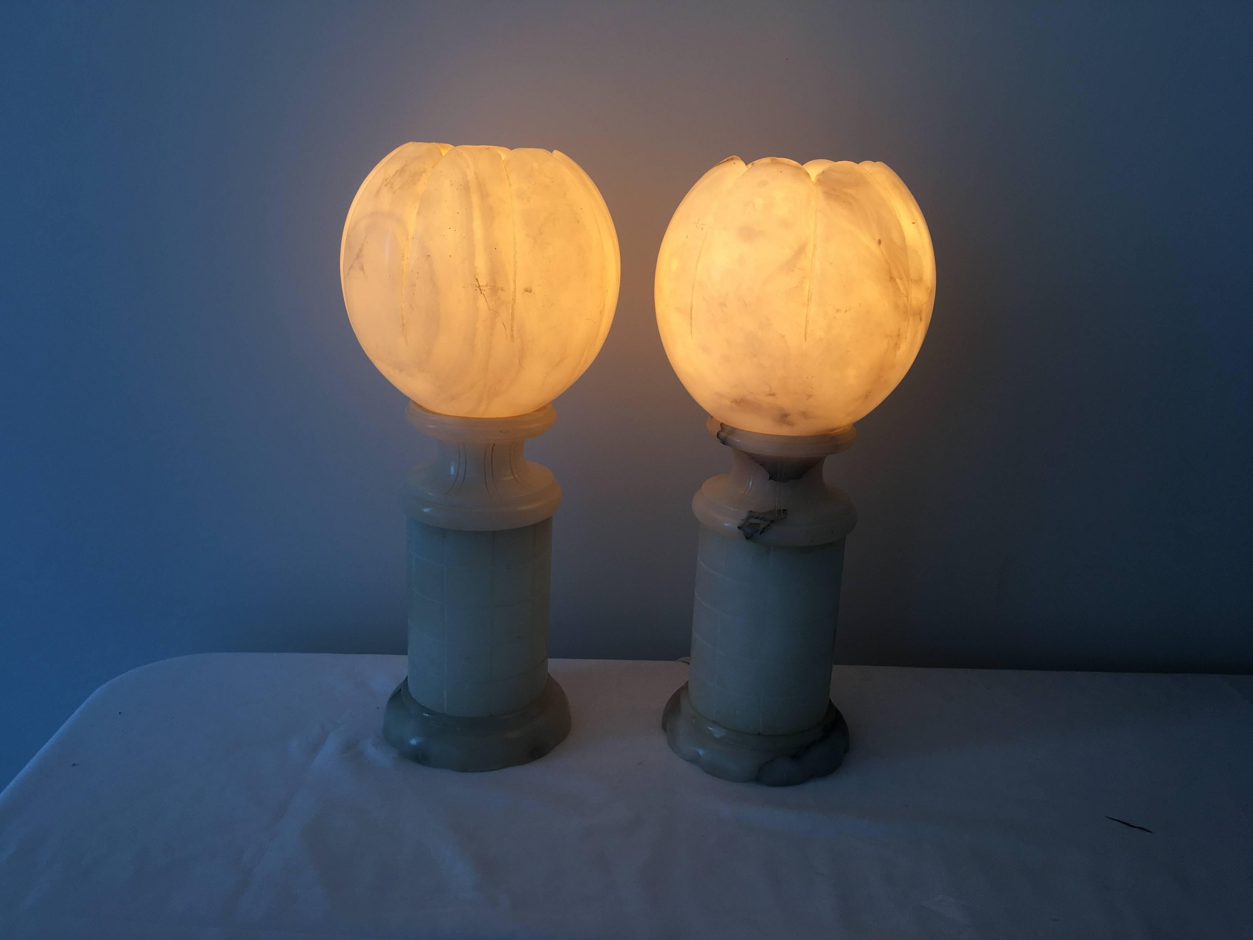 1920s Art Deco Alabaster Orb Urn Lamps, Pair 2