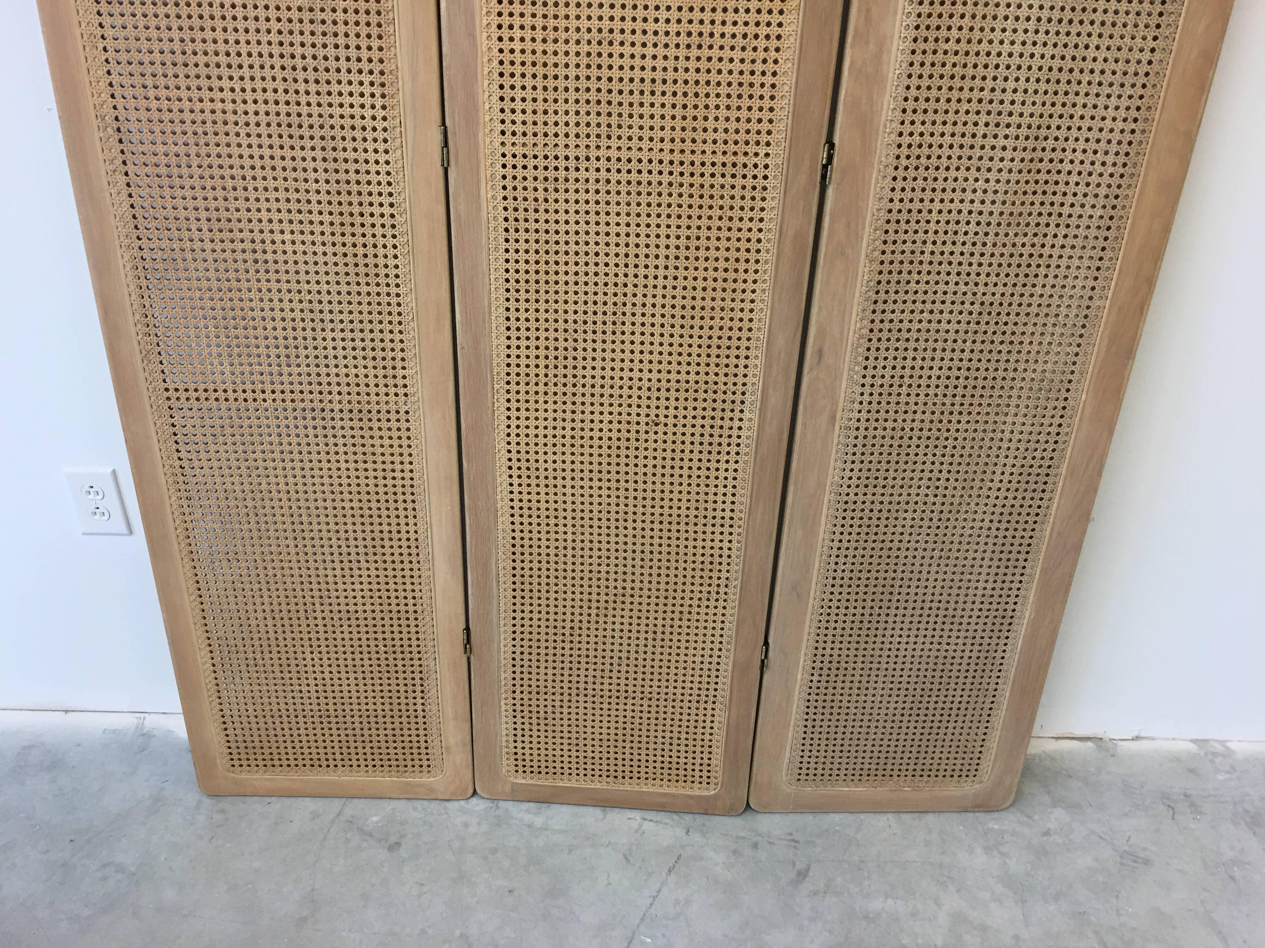 1950s Wood Cane Woven Large Three-Panel Screen In Excellent Condition In Richmond, VA