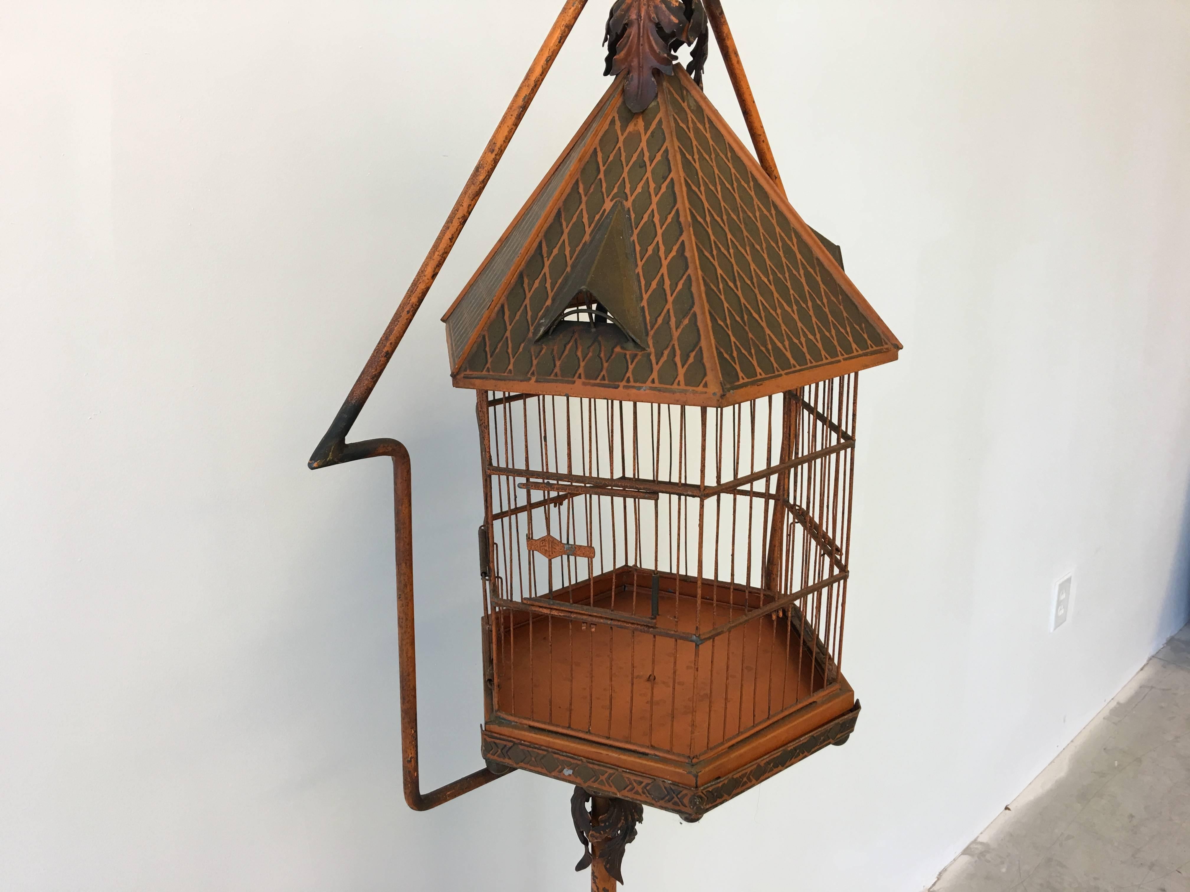 Metal 19th Century PNF Orange Tole Birdcage and Stand