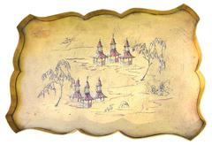 1920s Chinoiserie Yellow Pagoda Tole Tray Table on Faux Bamboo Stand