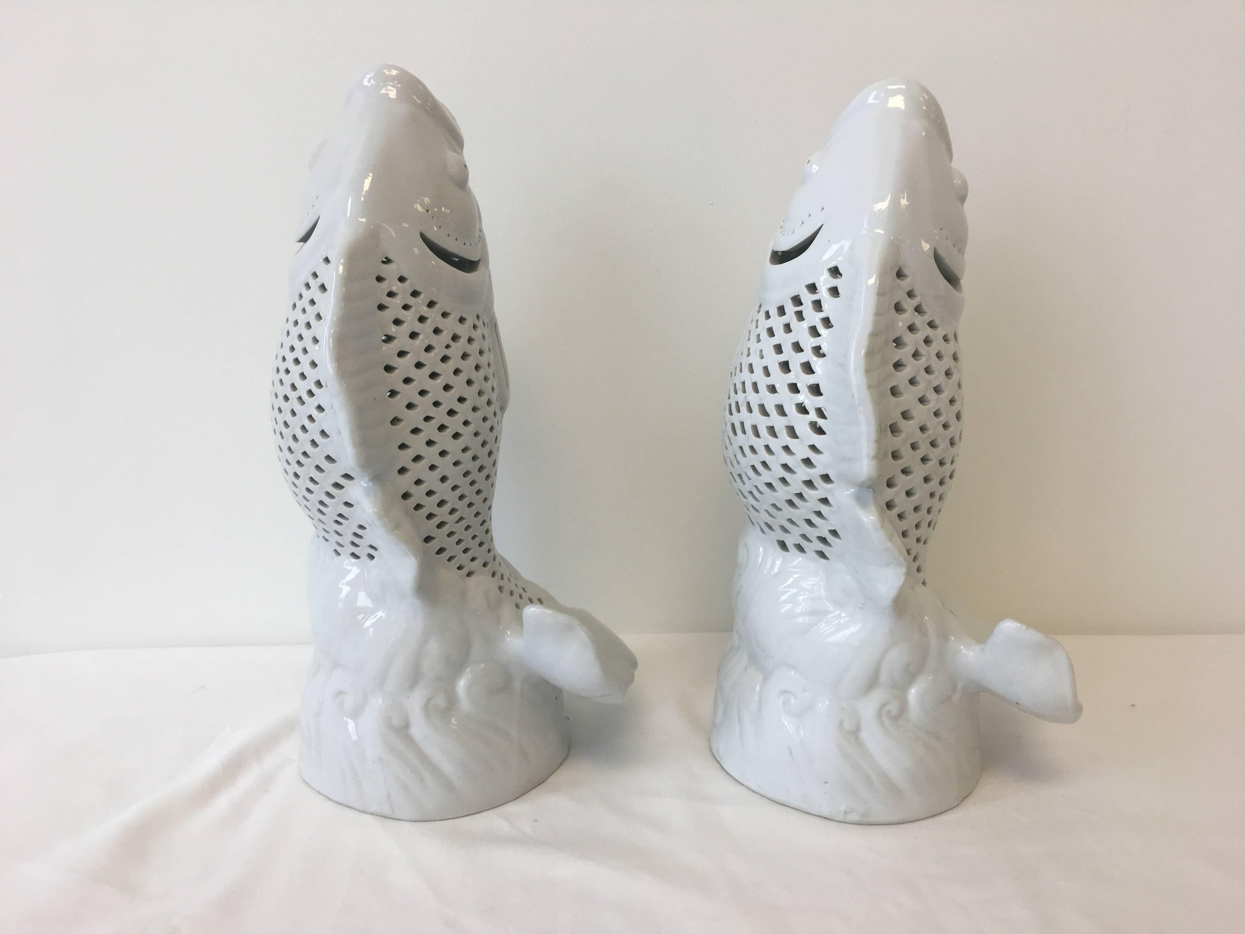 Chinoiserie 1960s Blanc de Chine Koi Carp Fish Sculptural Vases, Pair For Sale