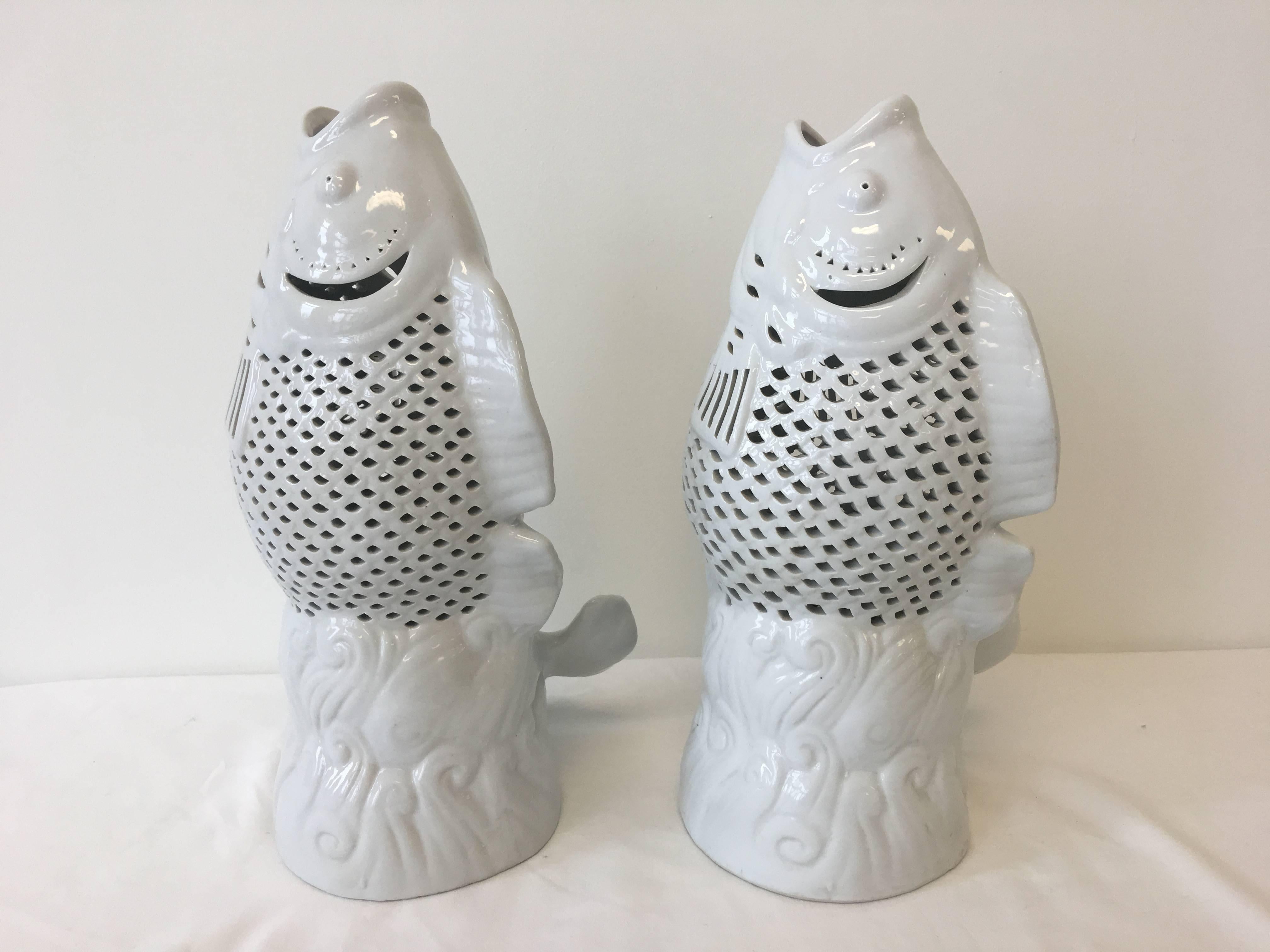 French 1960s Blanc de Chine Koi Carp Fish Sculptural Vases, Pair For Sale