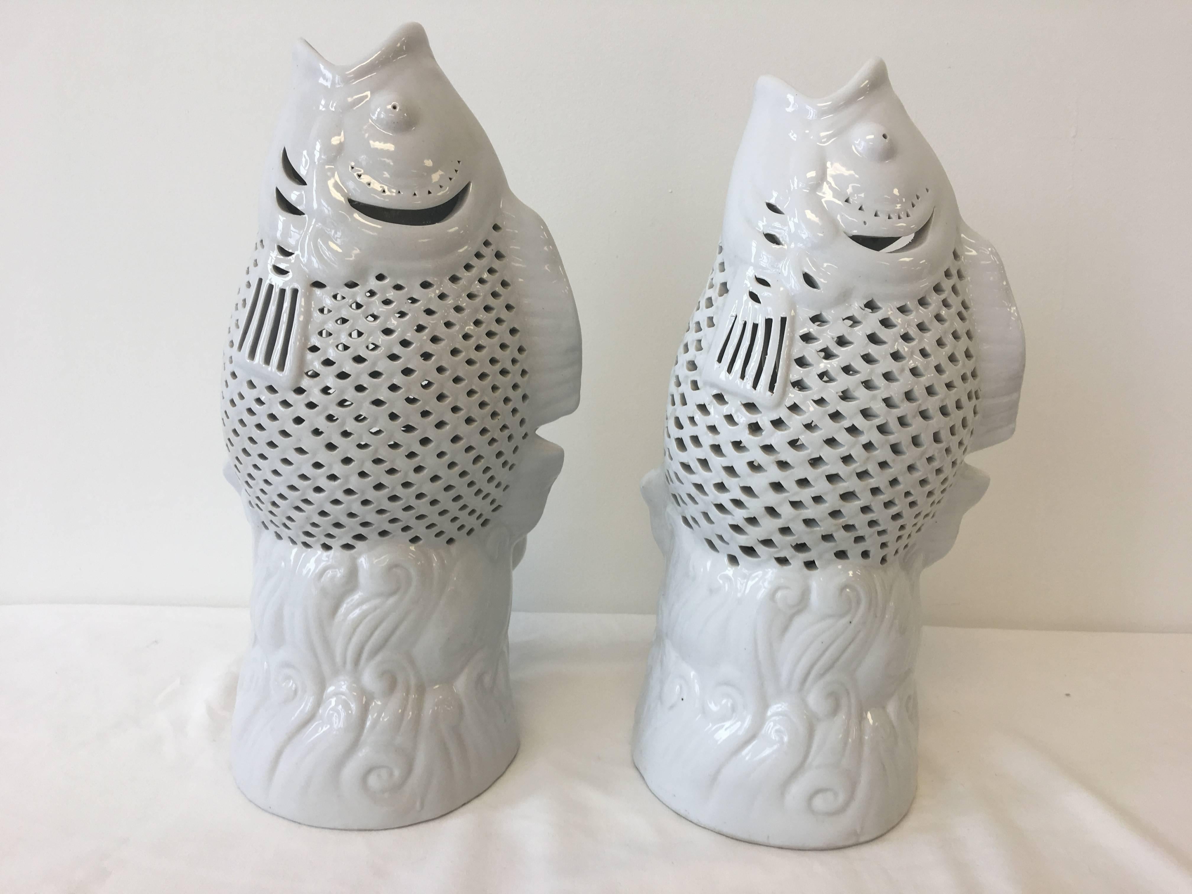1960s Blanc de Chine Koi Carp Fish Sculptural Vases, Pair In Excellent Condition For Sale In Richmond, VA